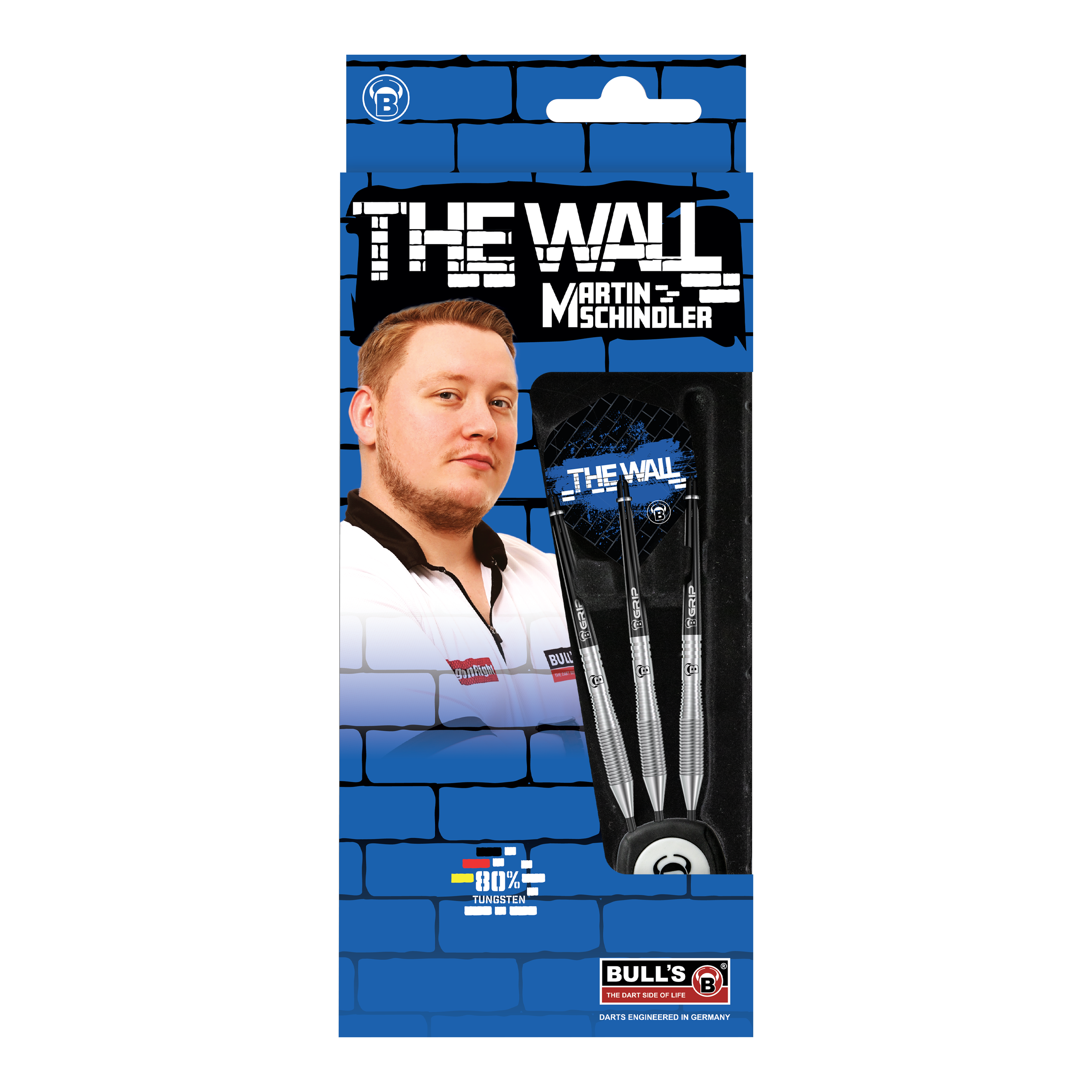 Ocelové šipky Bulls Martin Schindler TW80 Die Verpackung zeigt die "Bulls Martin Schindler TW80 Steeldarts" mit einem Bild von Martin Schindler. Im Inneren sind drei silberne Steeldarts zu sehen.