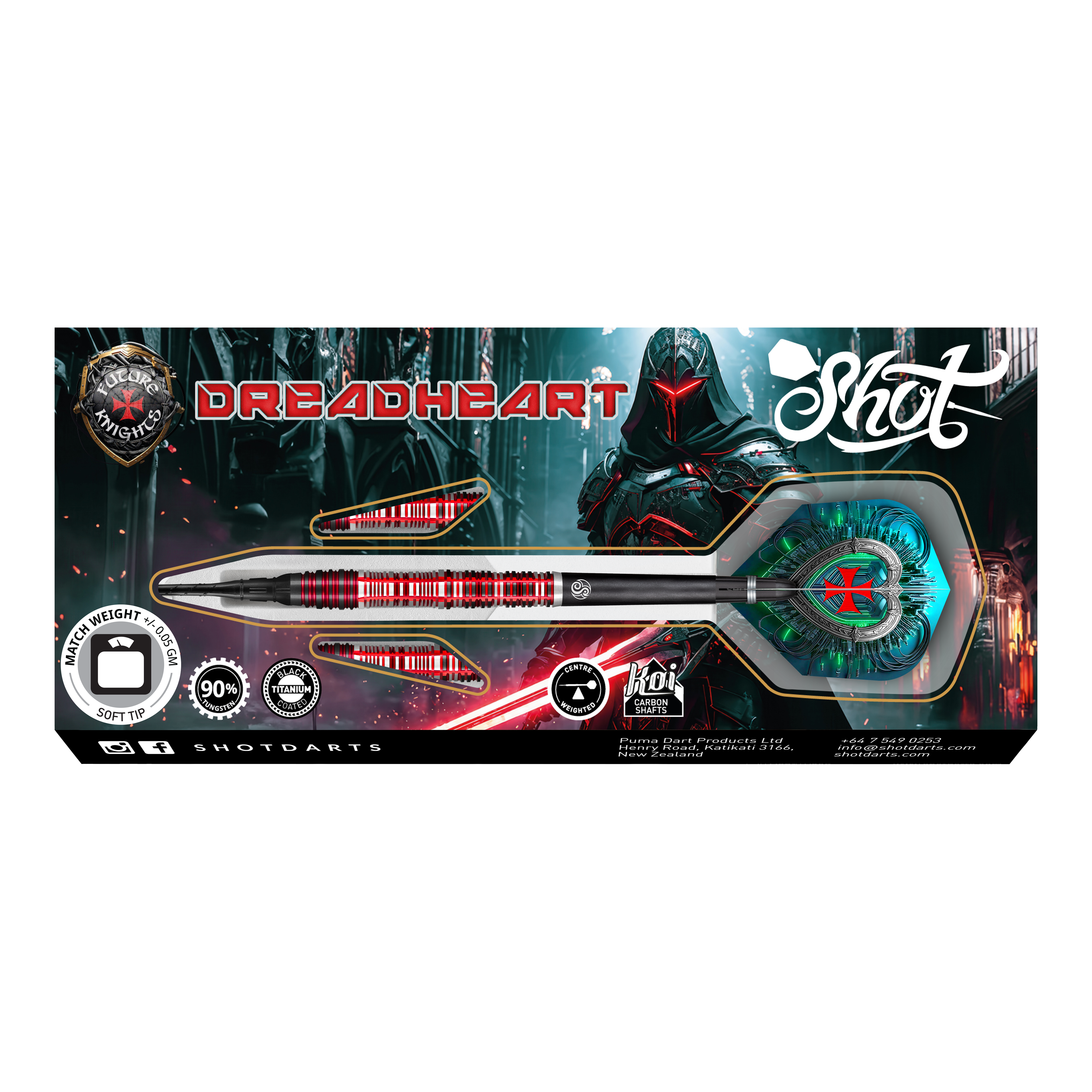 Das Bild zeigt das Produkt „Shot Future Knights Dreadheart Softdarts - 20g“. Auf der Verpackung ist ein futuristischer Ritter mit roten und grünen Akzenten abgebildet.