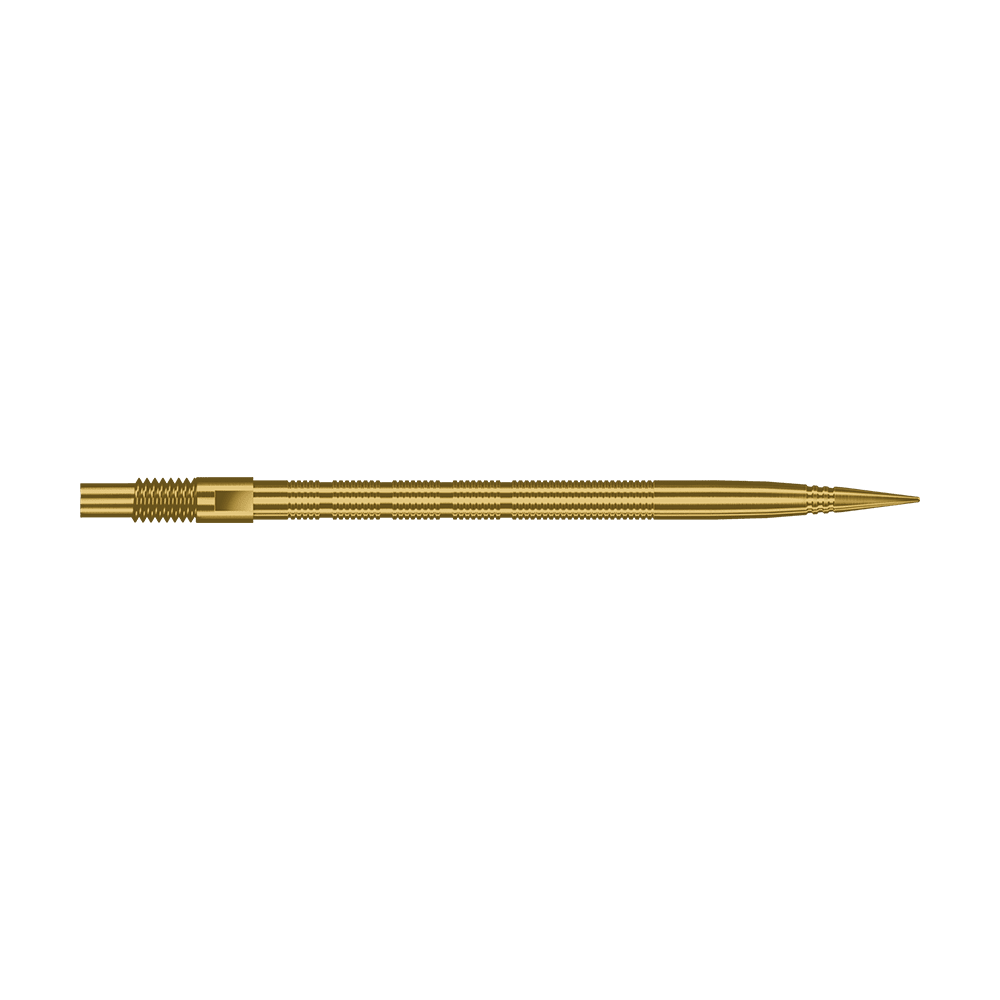 Špičky na šipky Harrows Quick Point Micro Ridge - zlaté Das Bild zeigt Harrows Quick Point MicroRidge Dartspitzen in Gold, 40mm. Die Dartspitze ist einzeln dargestellt.