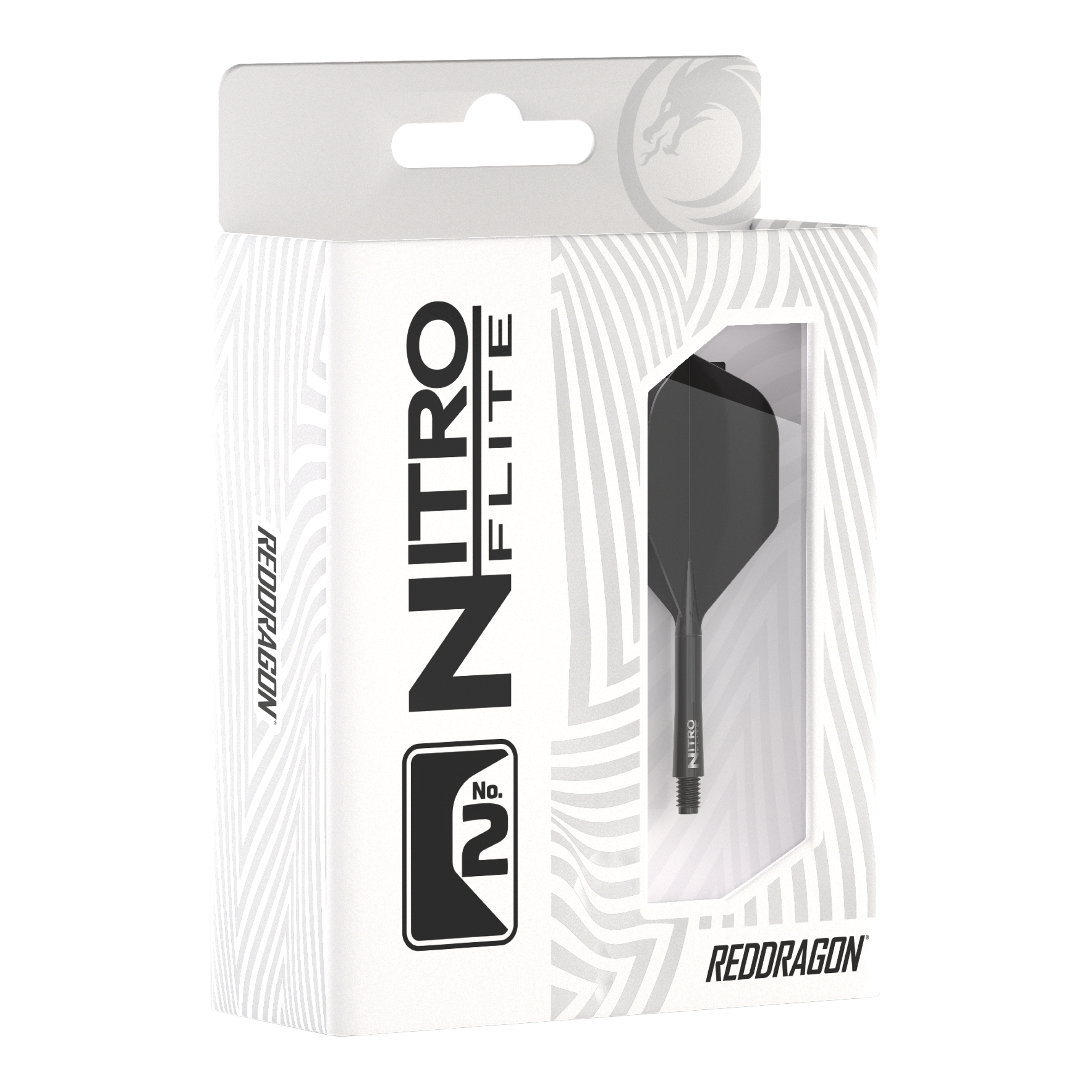 Red Dragon Nitroplte - Black Shaft Black No2 Flights Die Verpackung zeigt das Produkt "Red Dragon Nitroflite - Black Shaft Black No2 Flights". Im Sichtfenster ist ein schwarzer Dart-Schaft mit schwarzem Flight zu sehen.
