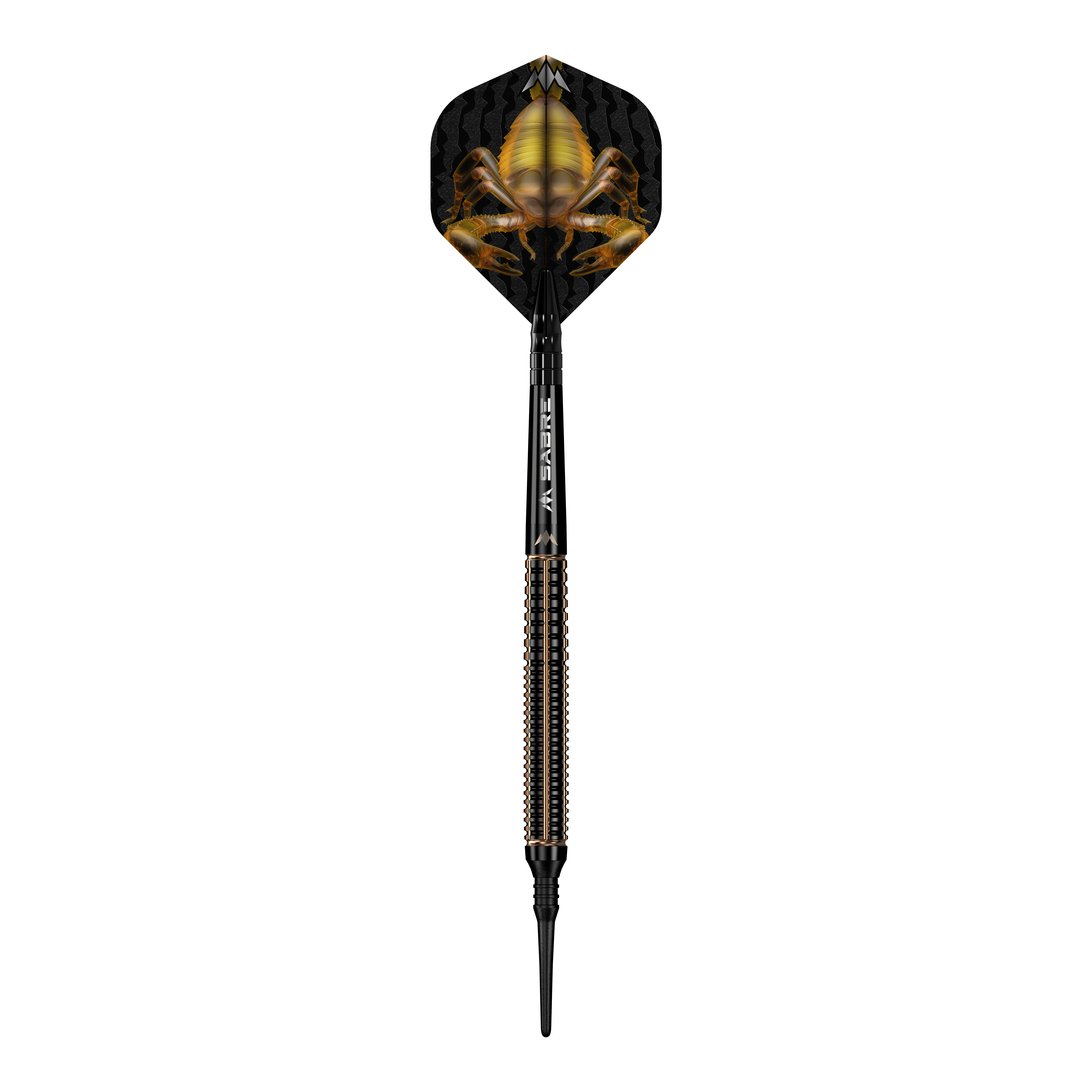 Měkké šipky Mission Scorpion - 19g Das Bild zeigt einen Softdart namens "Mission Scorpion Softdarts - 19g". Auf dem Flight ist ein auffälliges Skorpion-Design in Gelb und Schwarz zu sehen.
