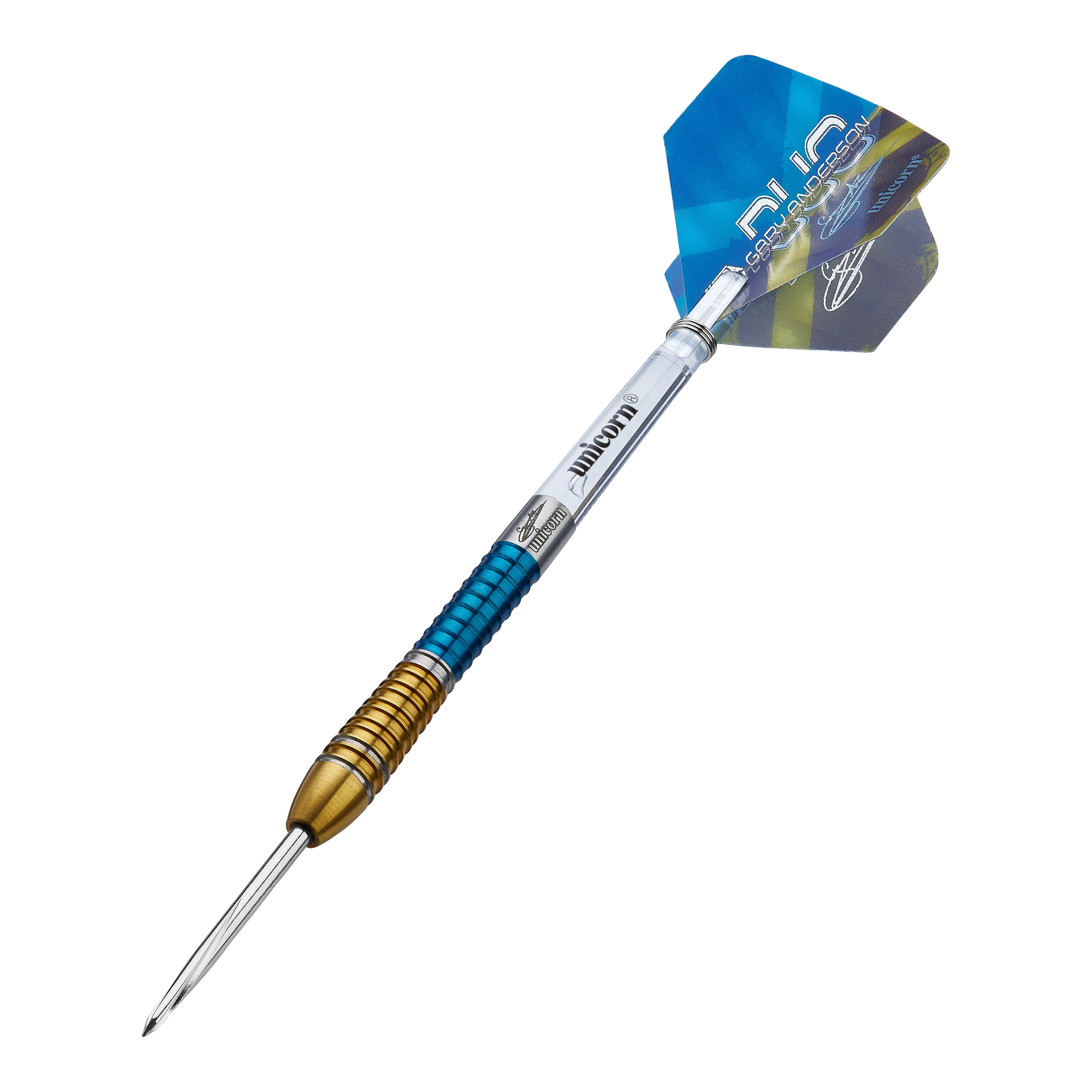 Auf dem Bild ist ein Unicorn Gary Anderson Duo Phase 6 Steeldart zu sehen. Der Dart hat ein farbiges Design mit goldenen und blauen Akzenten sowie einer blauen Flightscheibe.