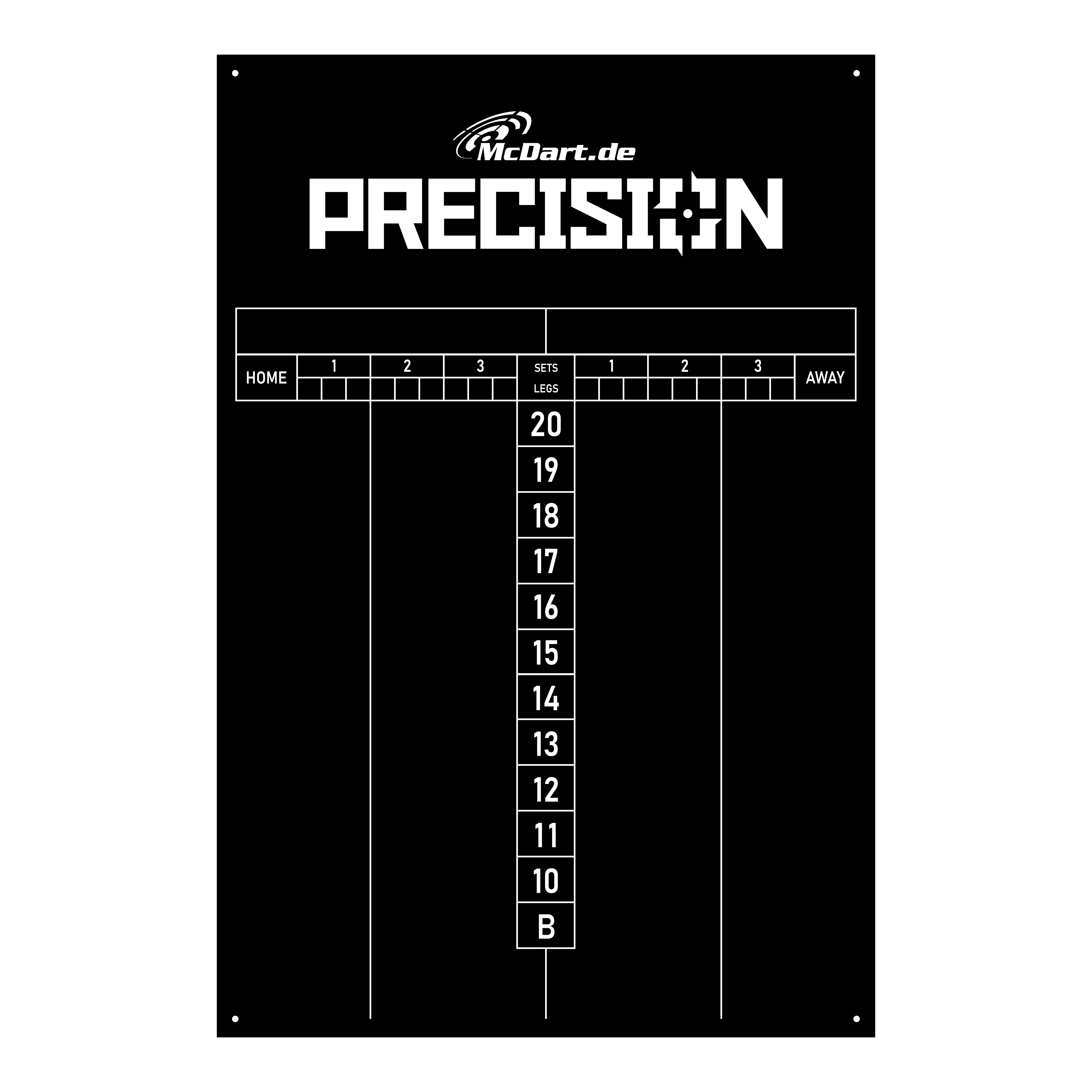 Das Bild zeigt das Produkt "McDart Precision Scoreboard 40 x 60 cm" auf schwarzem Hintergrund. Die Anzeigetafel ist für das Zählen von Sets und Legs beim Darts vorgesehen und zeigt die Punkte von 20 bis 10 sowie ein Feld für Bullseye.