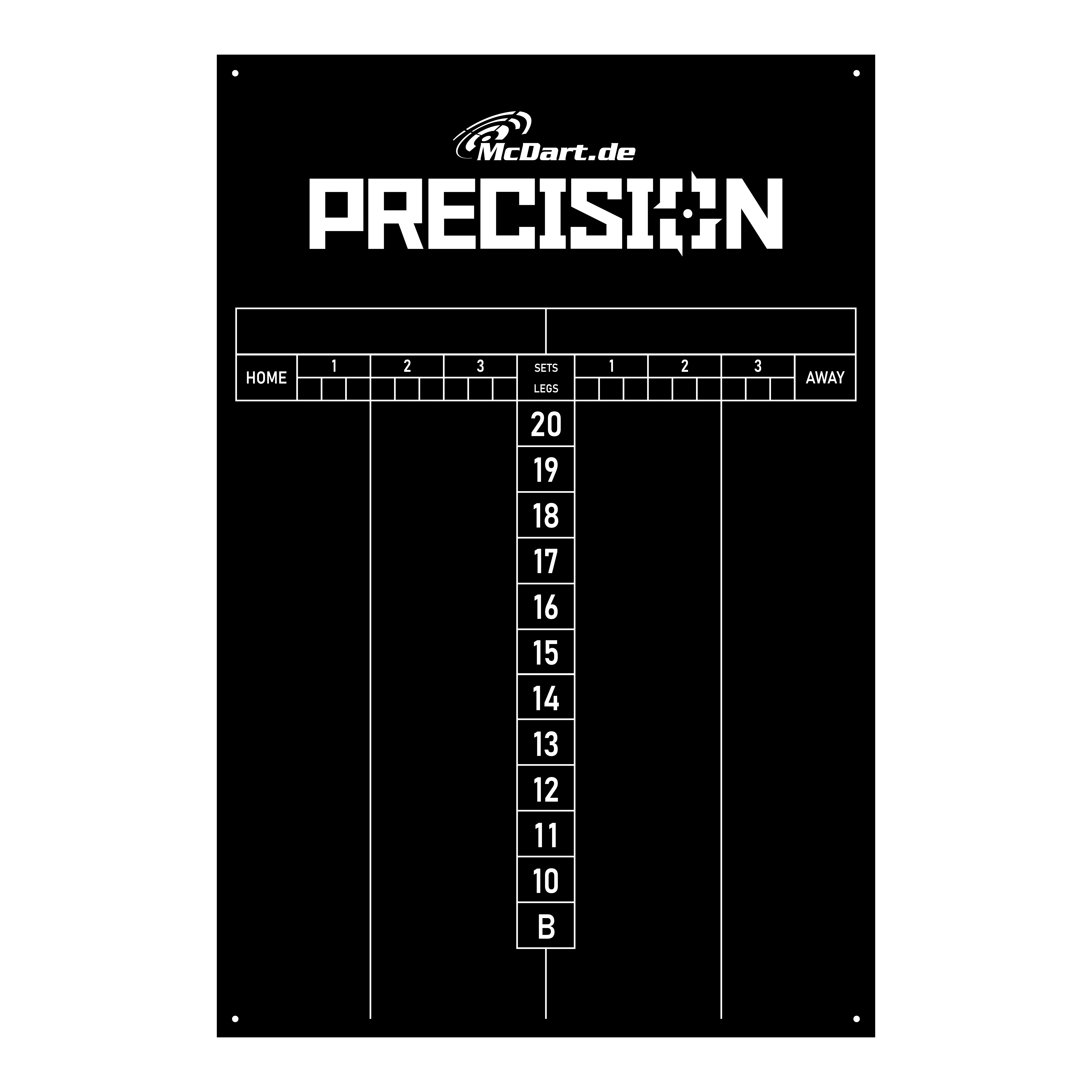McDart Precision Scoreboard 40 x 60 cm Das Bild zeigt das Produkt "McDart Precision Scoreboard 40 x 60 cm" auf schwarzem Hintergrund. Die Anzeigetafel ist für das Zählen von Sets und Legs beim Darts vorgesehen und zeigt die Punkte von 20 bis 10 sowie ein Feld für Bullseye.