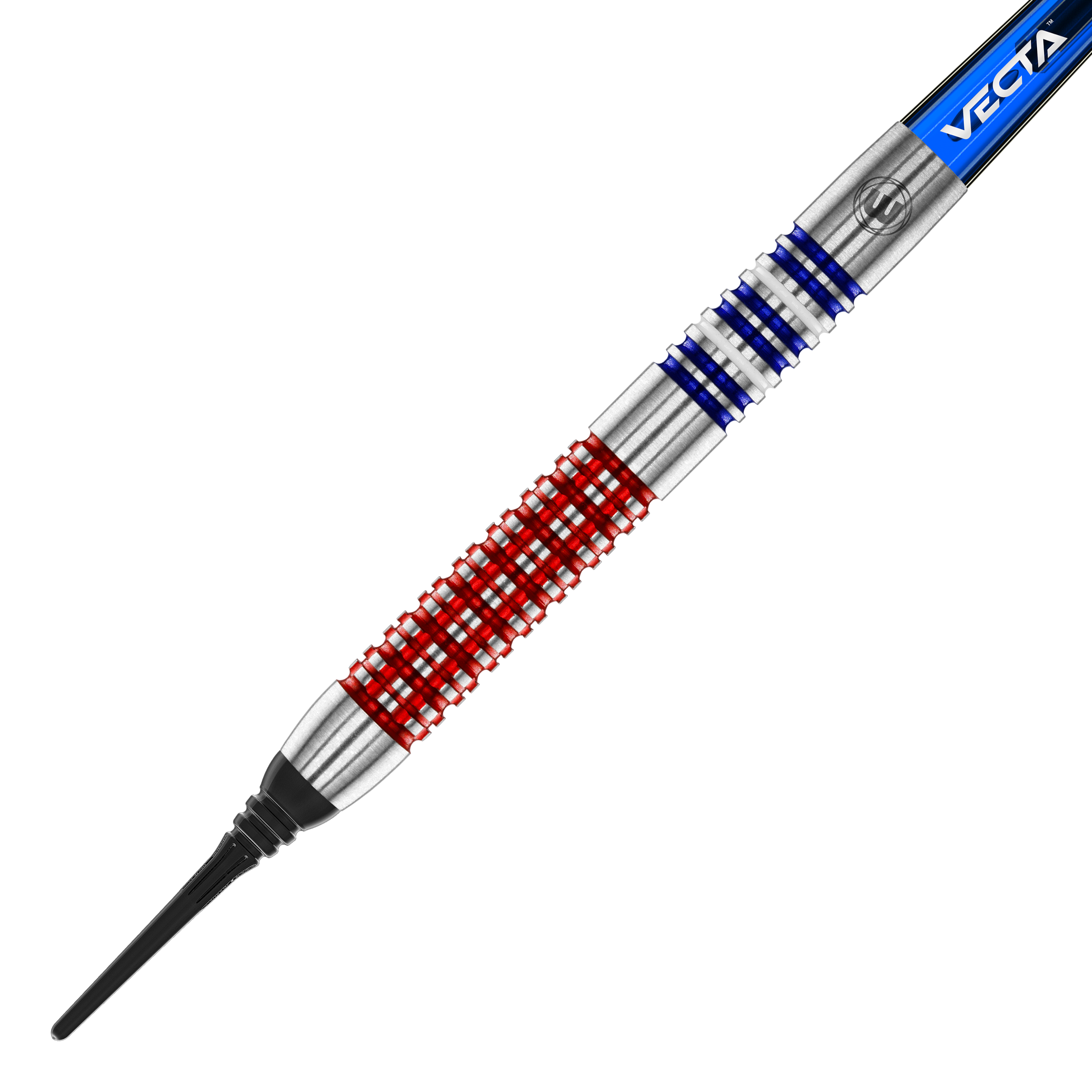 Winmau Garrett Rakowski měkké šipky - 20g Auf dem Bild ist ein Softdart des Modells "Winmau Garrett Rakowski Softdarts - 20g" zu sehen. Der Dart hat ein auffälliges Design mit roten und blauen Ringen auf dem silbernen Barrel.