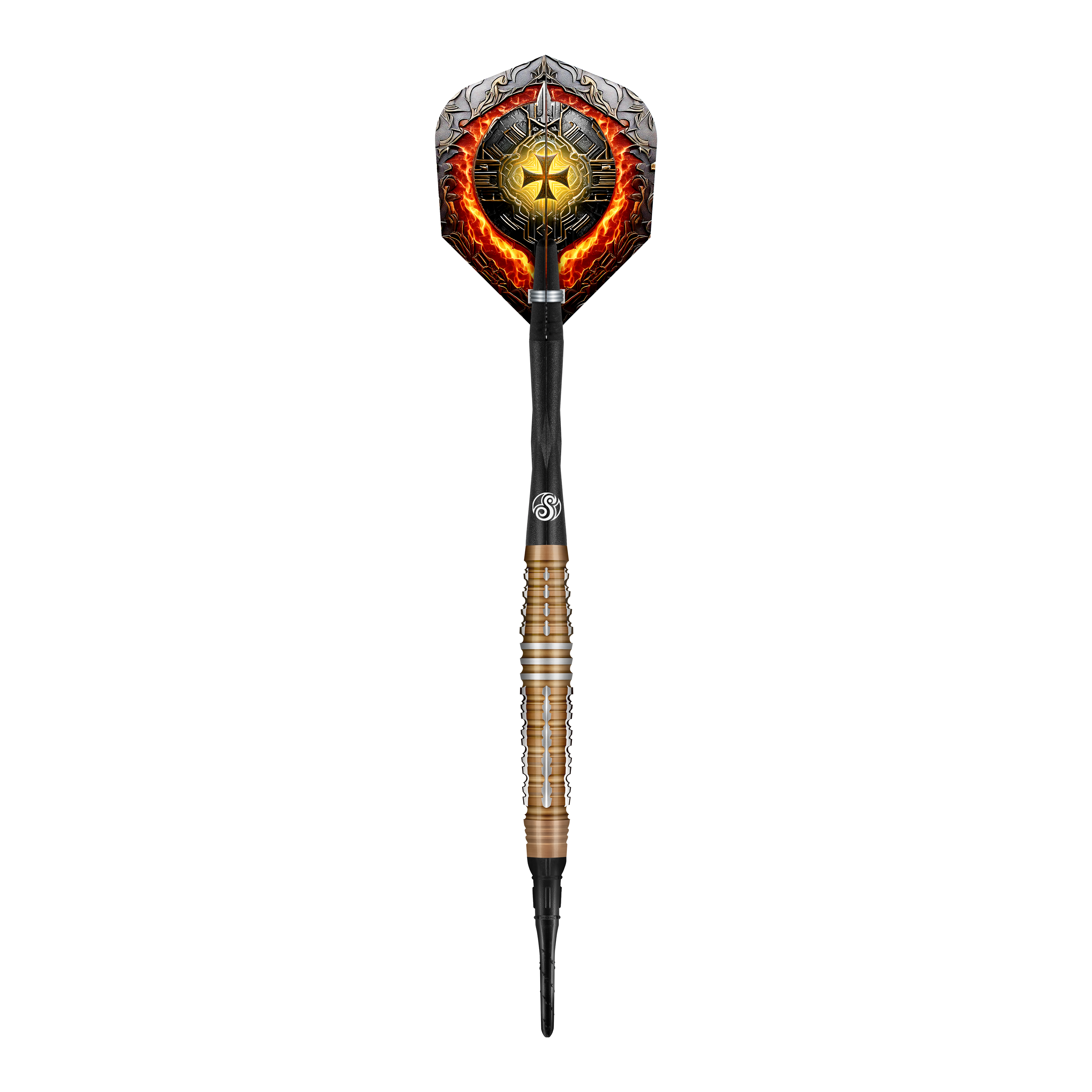 Das Bild zeigt einen Softdart mit dekorativem Flights im Ritterdesign und einem bronzefarbenen, geriffelten Barrel. Es handelt sich um das Produkt "Shot Future Knights Hachette Softdarts - 20g".