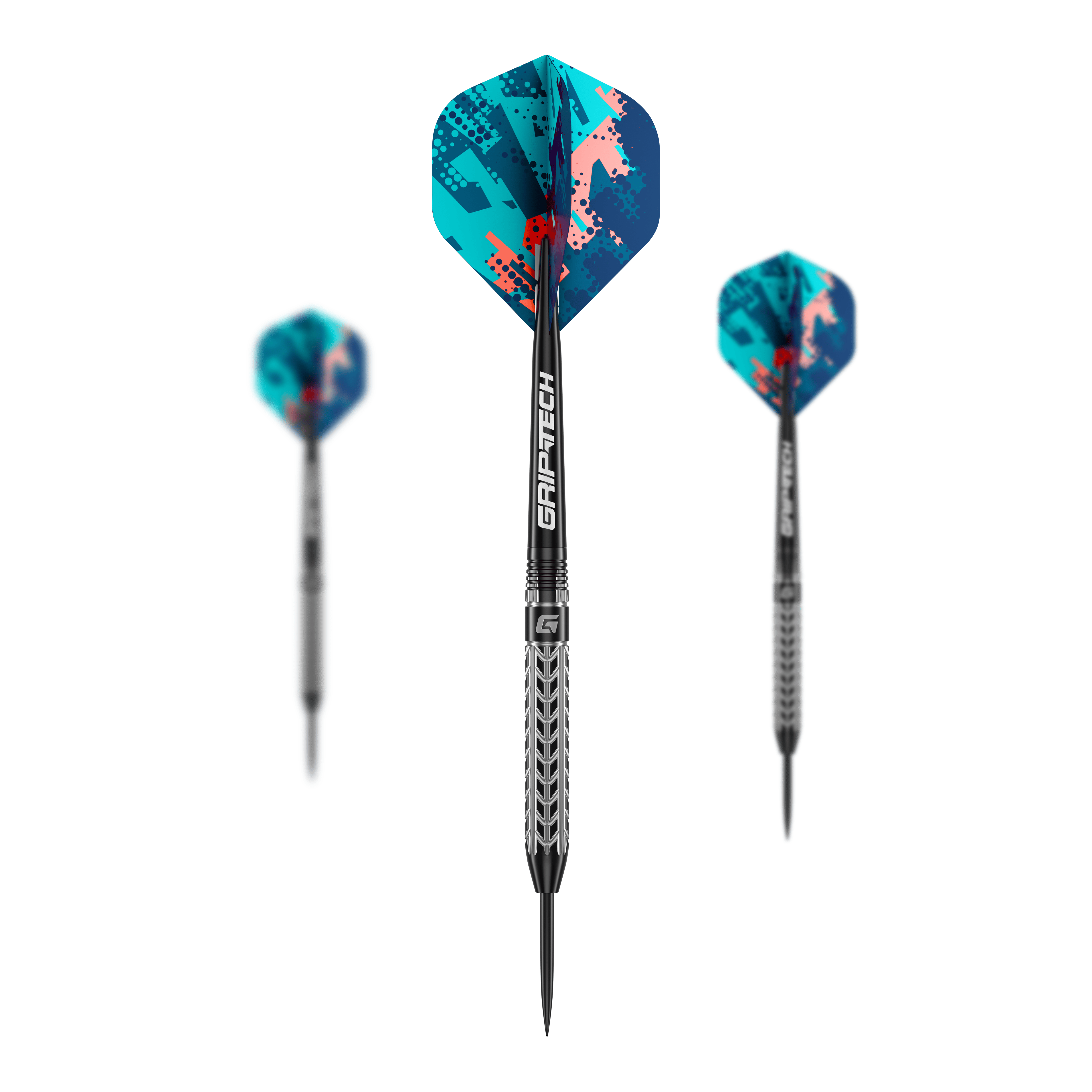 Šipky GOAT Traction z wolframové oceli Das Bild zeigt drei GOAT Traction Tungsten Steeldarts mit bunten Flights in Blau- und Rottönen. Auf dem Mittelteil der Darts steht "GRIPTECH" geschrieben.