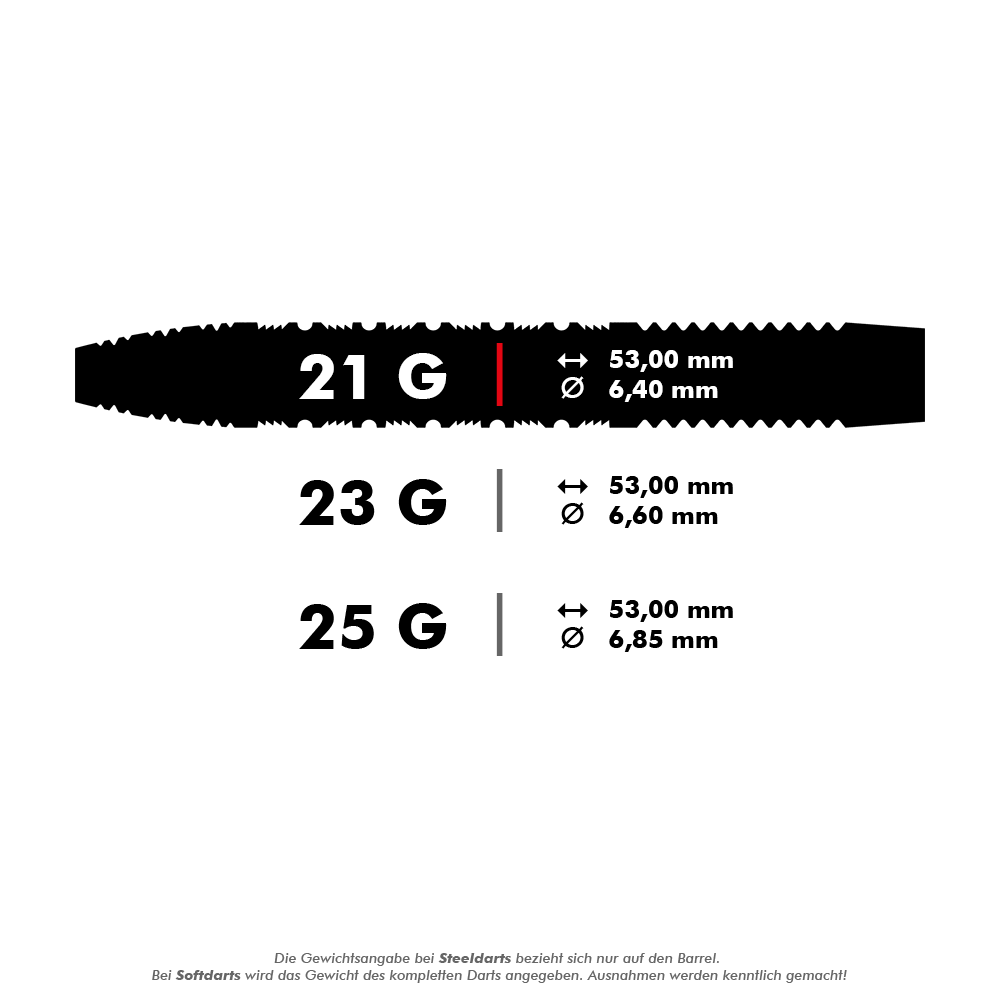 190051_Target_Bolide_01_Swiss_Point_Steeldarts_5_21g Das Bild zeigt die Produktinformationen für die "Target Bolide 01 Swiss Point Steeldarts". Die Darts wiegen 21 Gramm und haben eine Länge von 53,00 mm sowie einen Durchmesser von 6,40 mm.