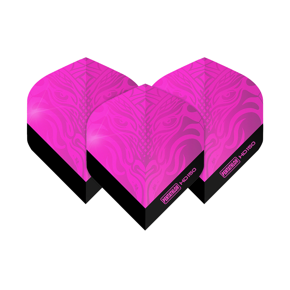 Pentathlon HD150 metalicky růžové standardní letky Das Bild zeigt drei Pentathlon HD150 Metallic Pink Standard Flights. Die Flights sind leuchtend pink mit einem schwarzen unteren Rand und einem dekorativen Muster.