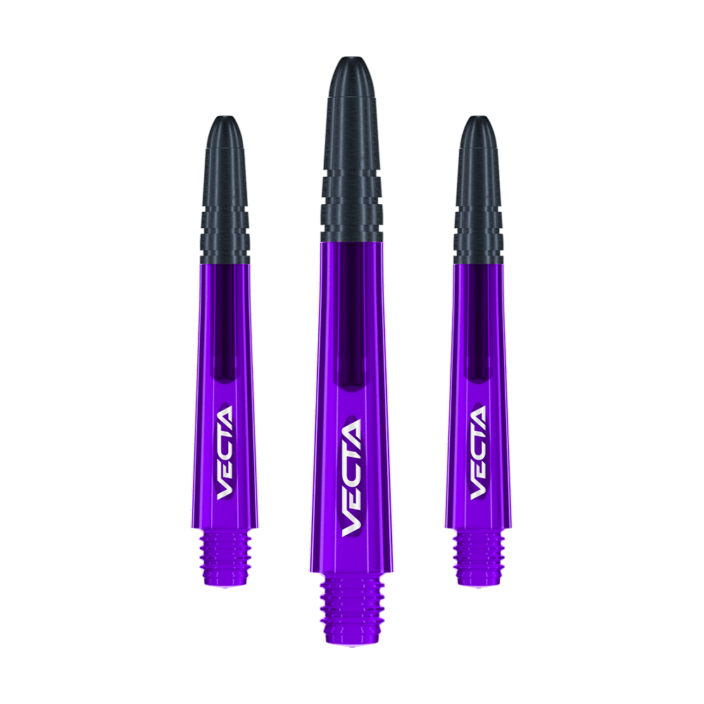 Násadky Winmau Vecta - fialovo-černé Das Bild zeigt drei violett-schwarze Dartschäfte mit der Aufschrift "VECTA". Sie sind gleich lang und nebeneinander angeordnet.