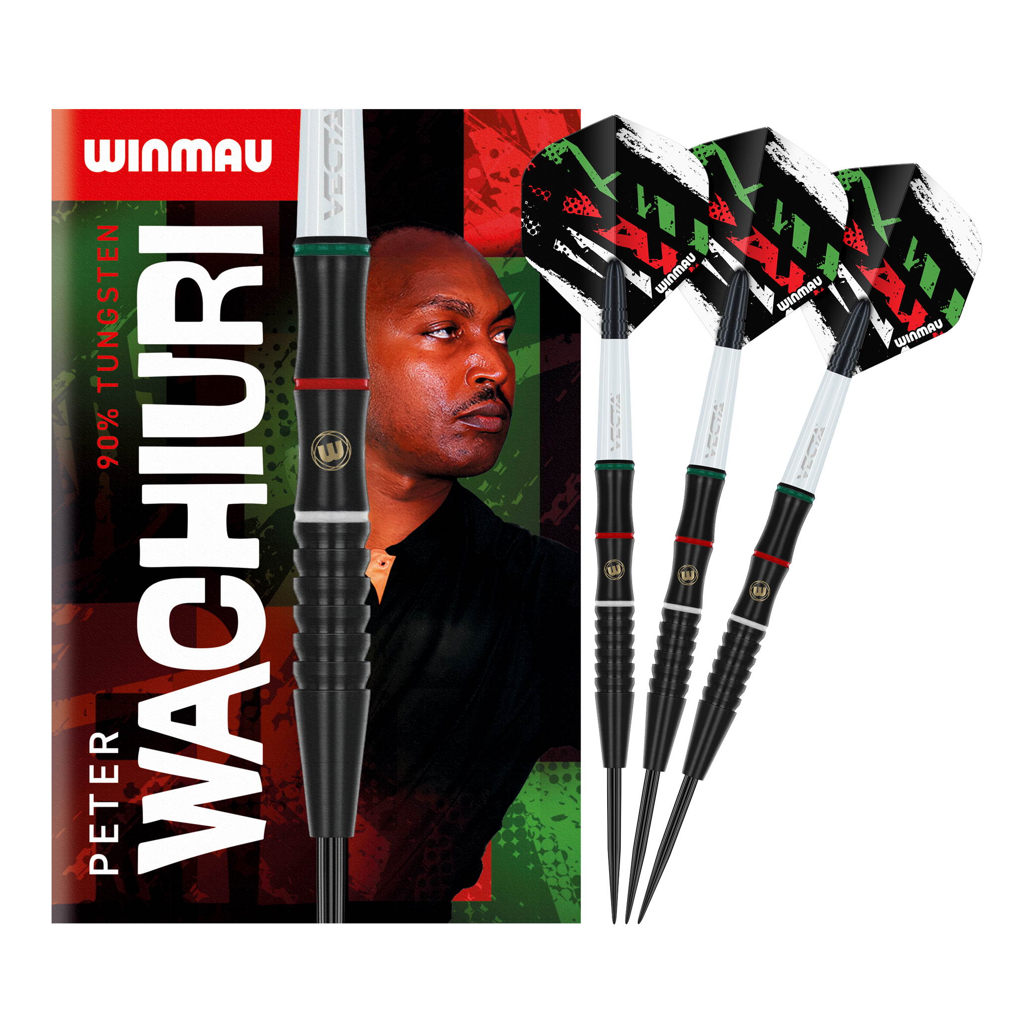 Das Bild zeigt die Winmau Peter Wachuri Steeldarts mit einem Gewicht von 22g. Auf der Verpackung ist ein Porträt von Peter Wachuri sowie drei der Steeldarts abgebildet.