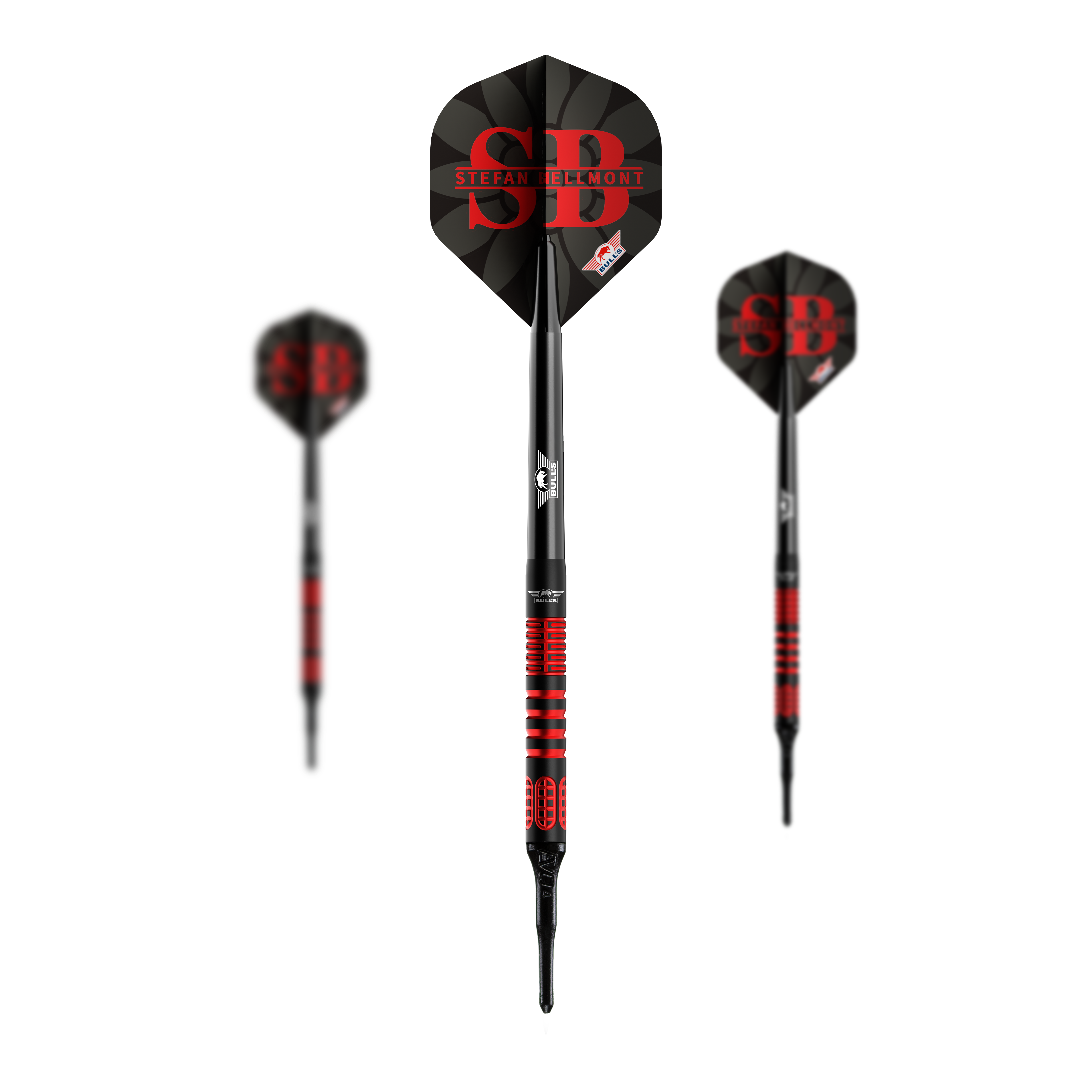 Hier ist ein Set der Bulls NL Stefan Bellmont 90 Softdarts - 20g zu sehen. Das Set wurde für professionelle Dartspieler entwickelt.