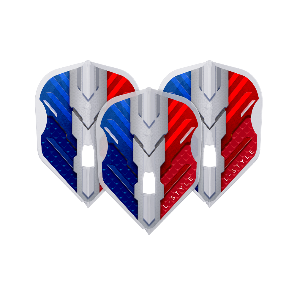 Das Bild zeigt drei Dart-Flights mit einem modernen Design in den Farben Blau, Weiß und Rot. Auf den Flights steht der Schriftzug "L-Style".