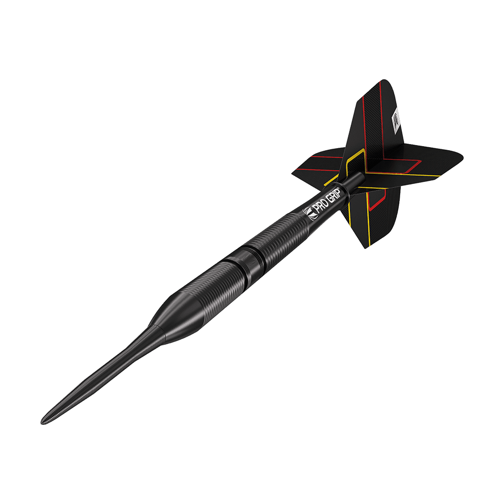 190227_Target_Gabriel_Clemens_Black_Edition_Steeldarts_4 Dies ist ein schwarzer Steeldart mit schmalen Rillen am Barrel und einer matten Spitze. Die Flights sind schwarz mit roten und gelben Linien verziert.