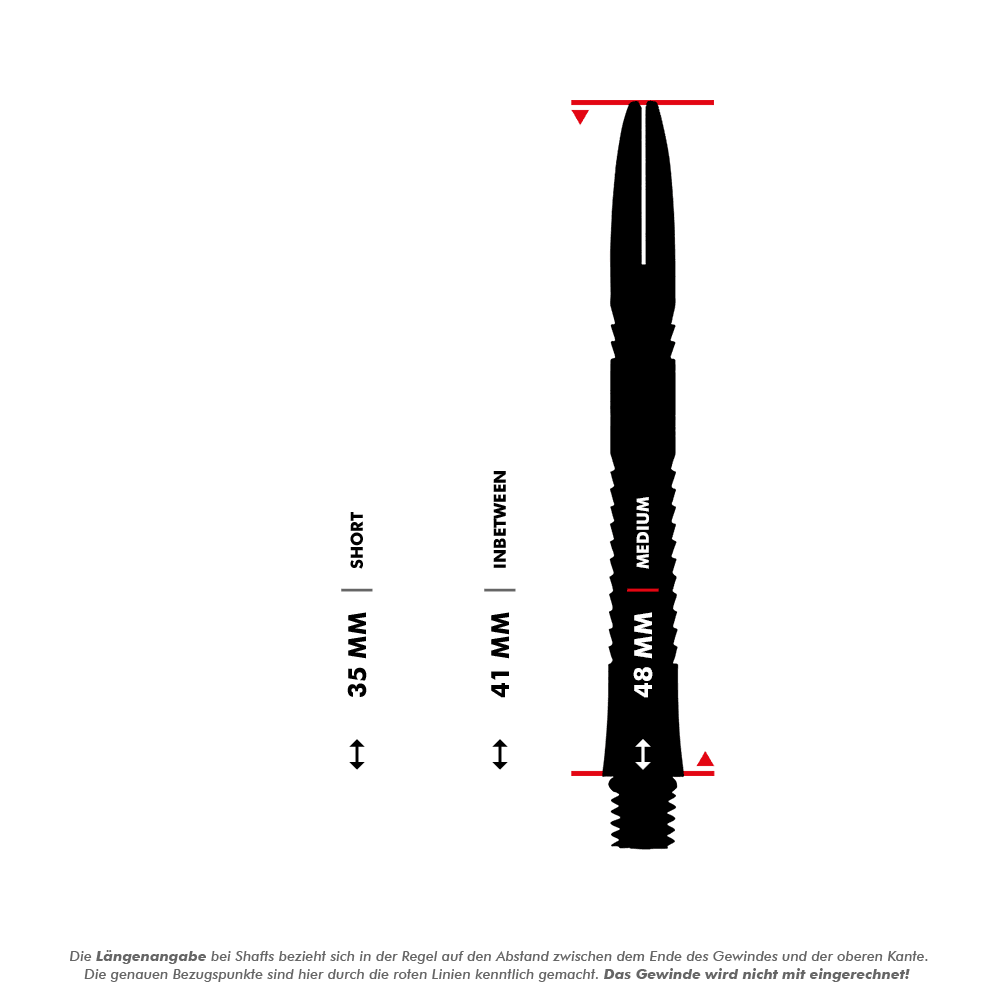 Titanové hřídele Shot Mako Das Bild zeigt drei unterschiedlich lange Dartschäfte mit den Längen 35 mm (kurz), 41 mm (inbetween) und 48 mm (medium). Jeder Schaft ist mit einer Messlinie und einer Längenangabe versehen.