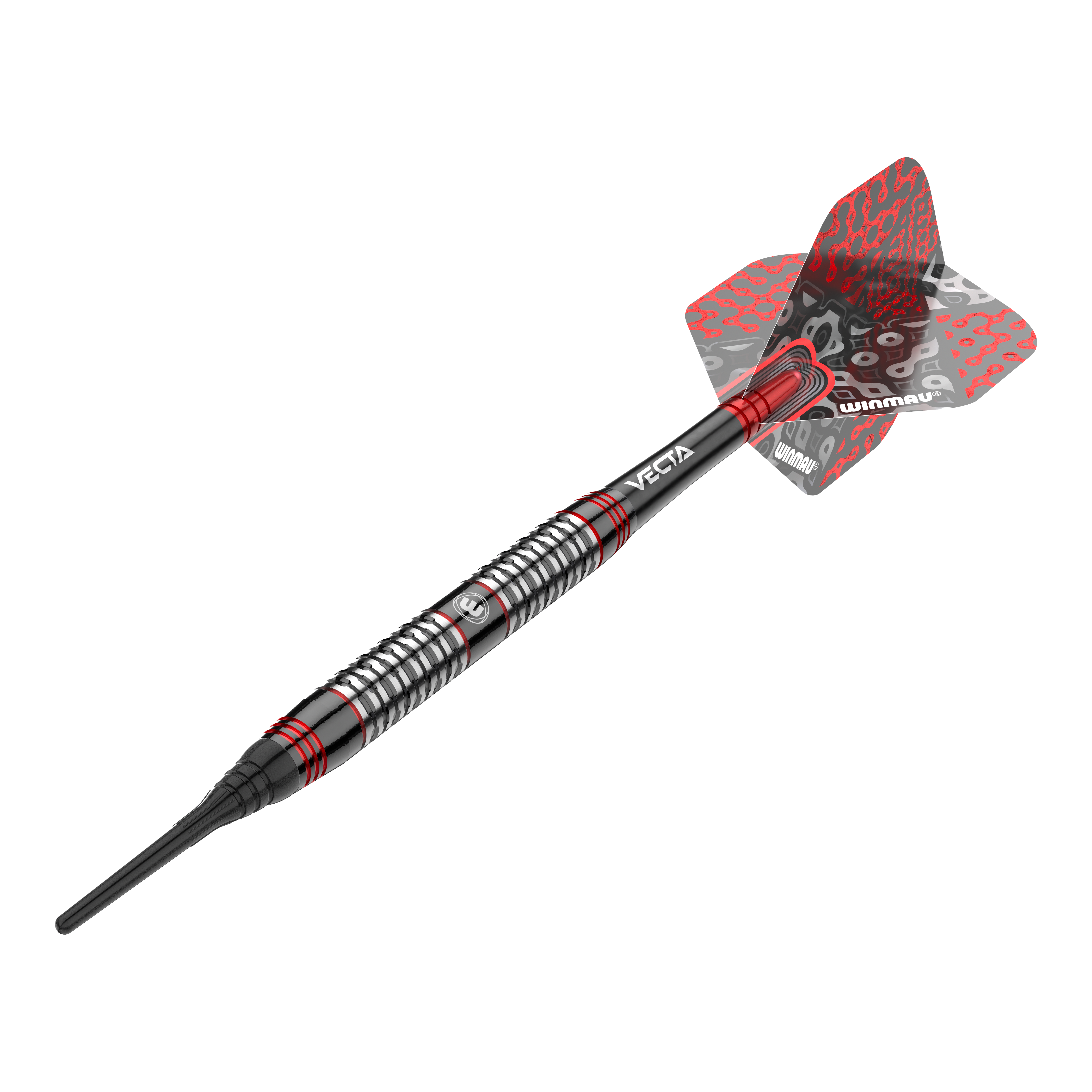 Šipky Winmau Cypher Softdarts - 20g Dies ist ein Winmau Cypher Softdart mit einem Gewicht von 20 Gramm. Der Dart hat ein modernes Design mit schwarzen, silbernen und roten Akzenten.