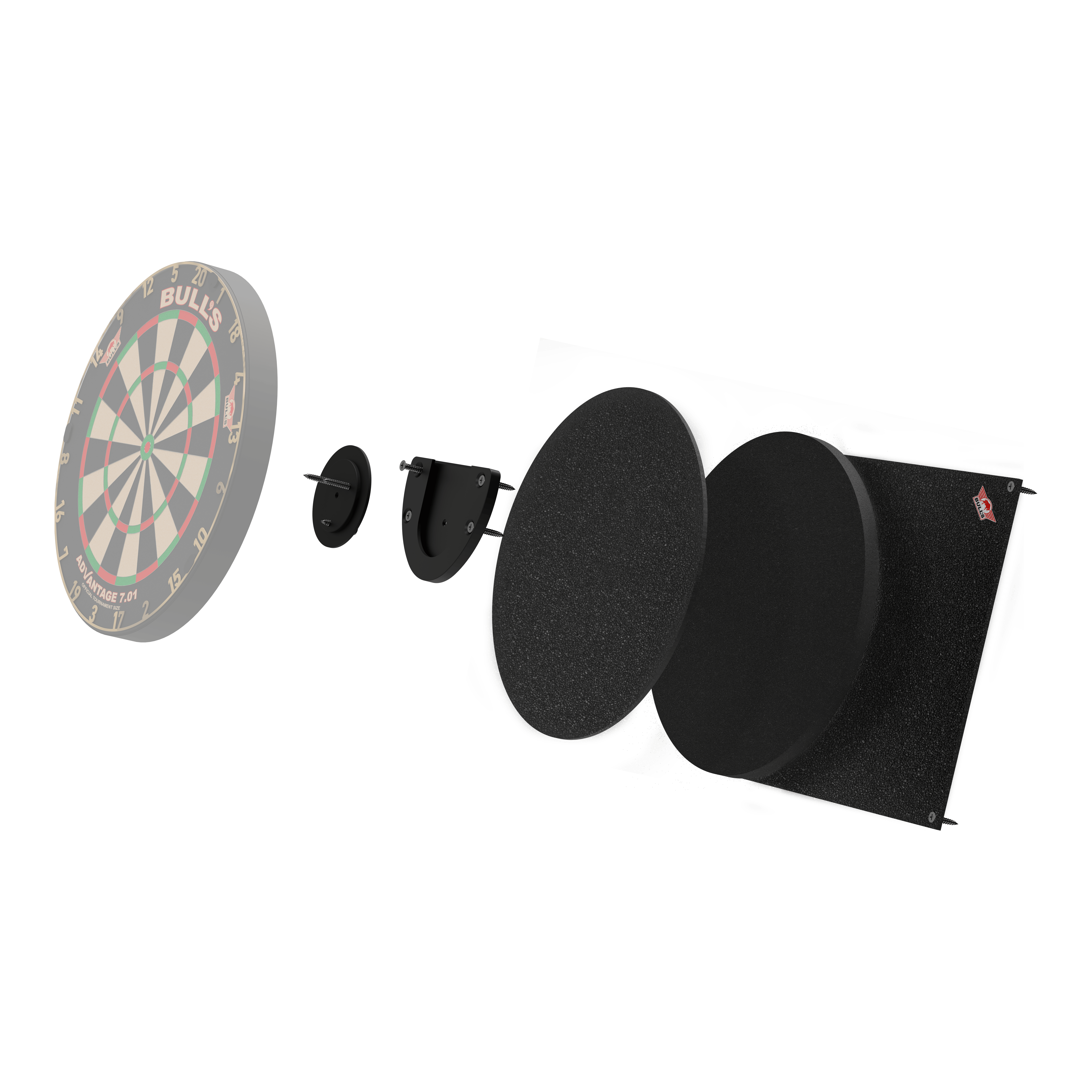 Das Bild zeigt das Produkt "Bulls NL Dartboard Silencer" in einer Explosionszeichnung. Die verschiedenen Teile sind einzeln dargestellt, darunter das Dartboard und mehrere schallabsorbierende Schichten.