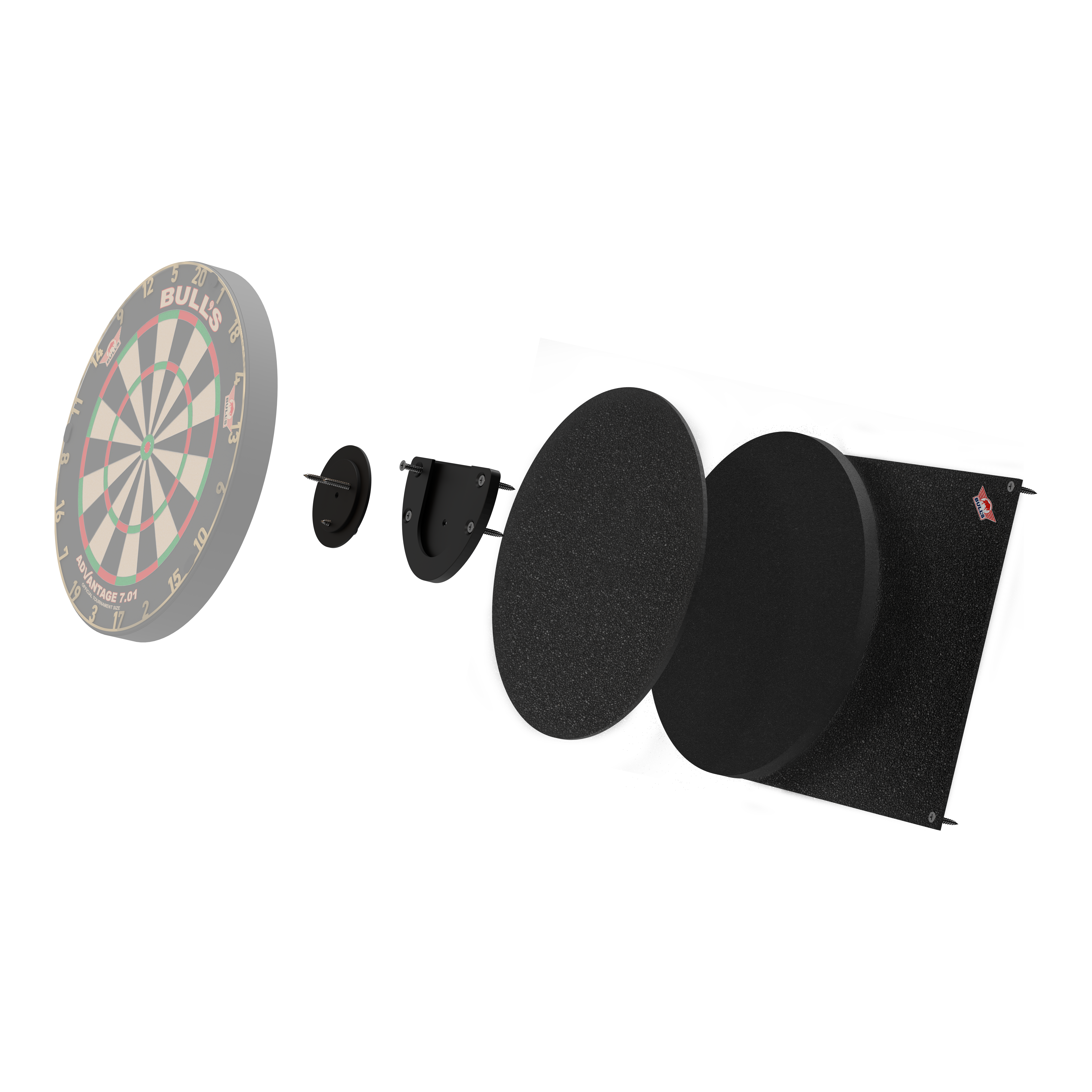 Tlumič terčů Bulls NL Das Bild zeigt das Produkt "Bulls NL Dartboard Silencer" in einer Explosionszeichnung. Die verschiedenen Teile sind einzeln dargestellt, darunter das Dartboard und mehrere schallabsorbierende Schichten.