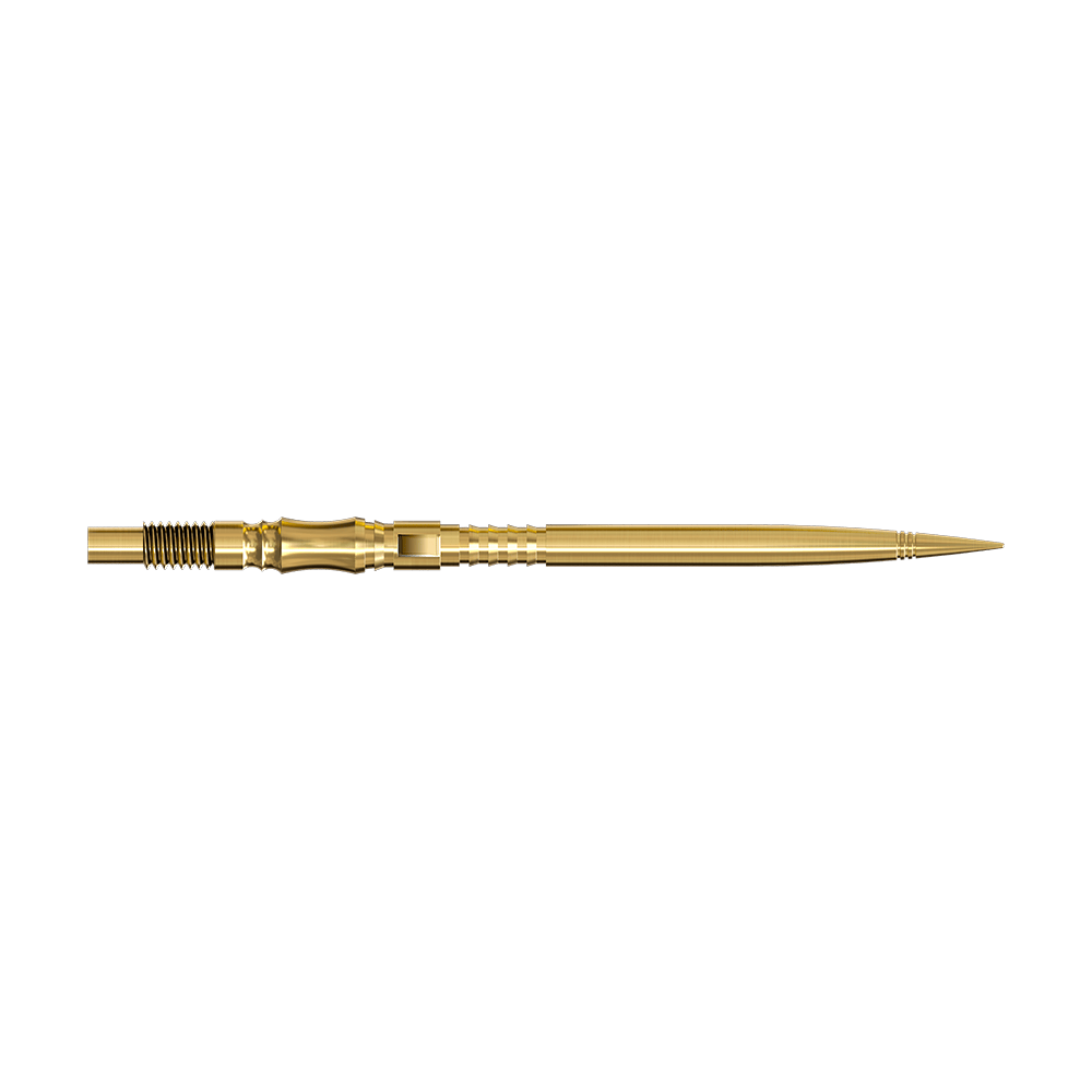 Špičky na šipky Harrows Quick Point Axis Elite Series - zlaté Zwei lange, goldene Dartspitzen werden seitlich gezeigt. Beide Spitzen liegen parallel auf einer hellen Fläche.