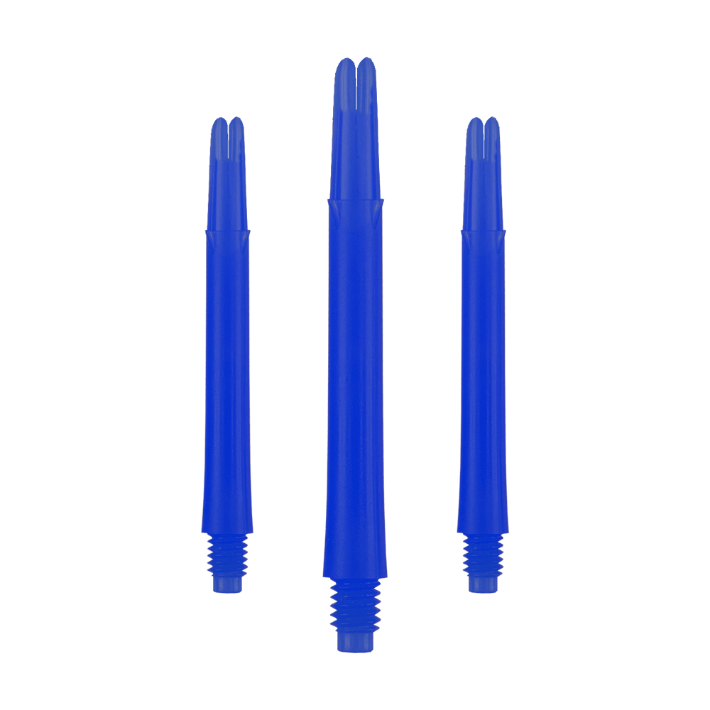 L-tvarované L-hřídele, rovné, zajištěné - modré Auf dem Bild sind drei blaue, gerade Dartschäfte zu sehen. Sie stehen nebeneinander und haben unten ein Schraubgewinde.
