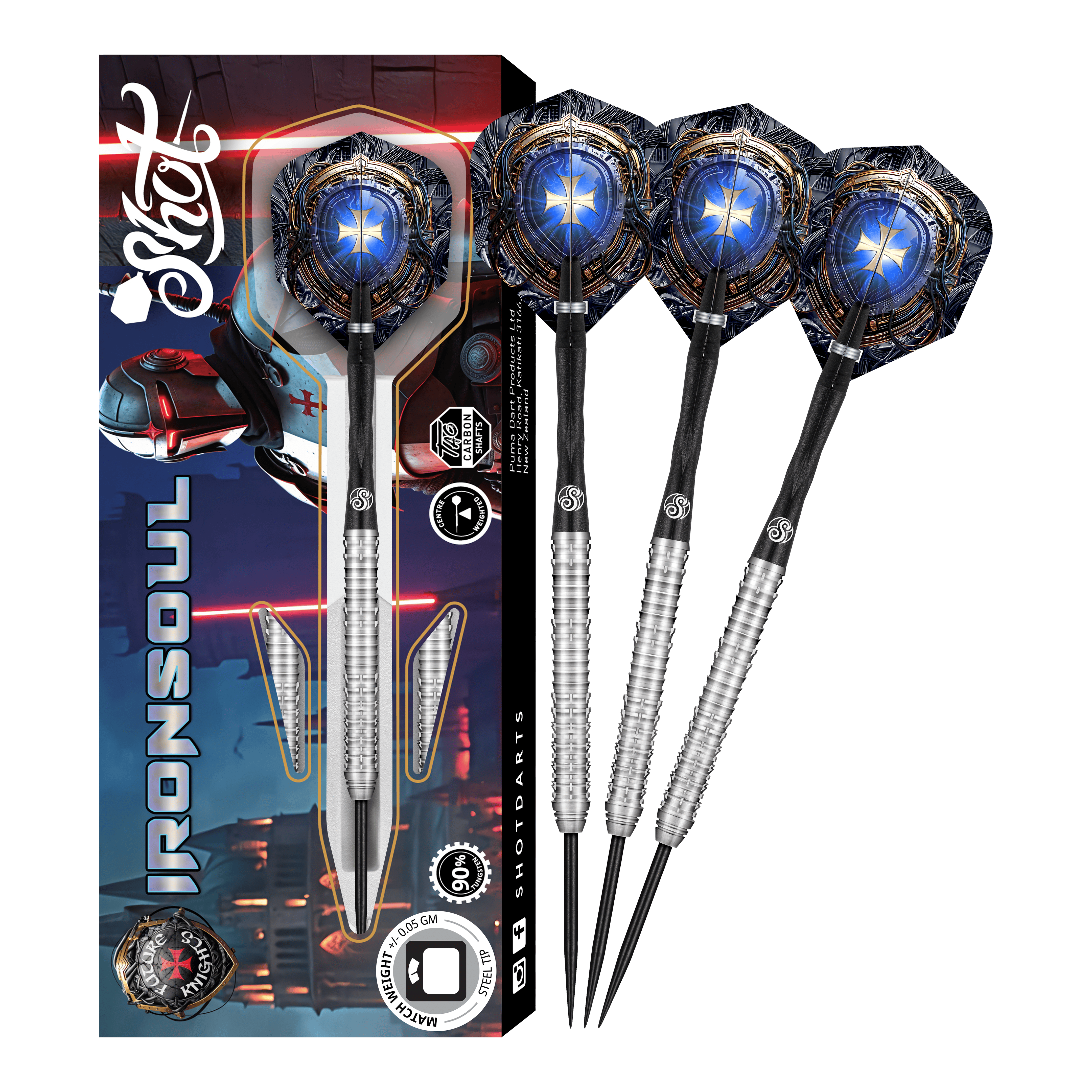 Das Bild zeigt das Produkt "Shot Future Knights Ironsoul Steeldarts" mit einer futuristischen Verpackung. Drei silberne Steeldarts mit blauen Flights sind neben der Verpackung abgebildet.