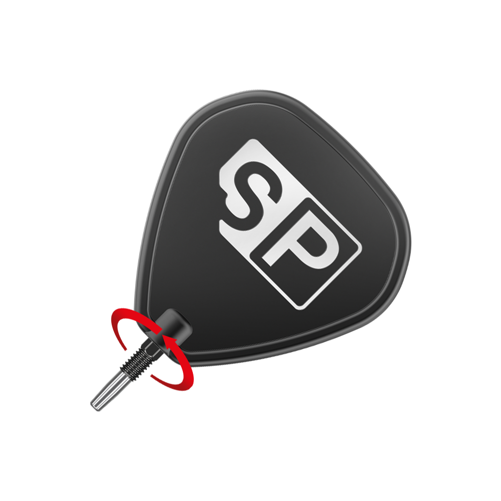Zaměřte hroty šipek Swiss Diamond Pro Black Points Das Bild zeigt eine schwarze Dartspitze mit dem weißen Aufdruck "SP". Ein roter Pfeil deutet auf eine Drehbewegung hin, vermutlich zum Anbringen oder Entfernen der Spitze.
