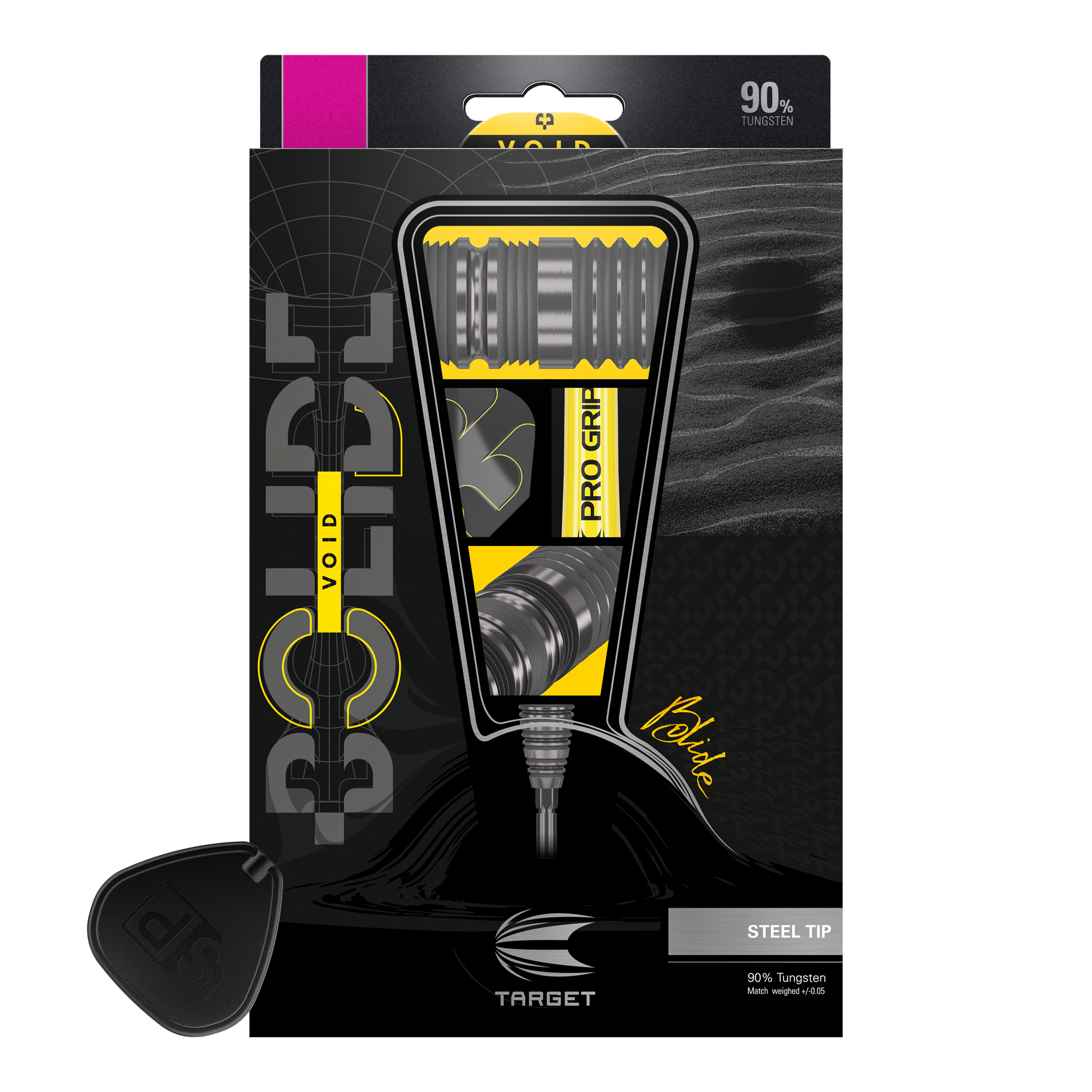 Ocelové šipky Target Bolide Void 02 Swiss Point Das Bild zeigt die Verpackung der "Target Bolide Void 02 Swiss Point Steeldarts". Die Darts bestehen zu 90% aus Tungsten und haben eine Stahlspitze.