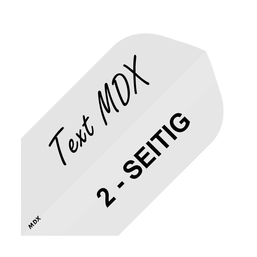 MD-451_2-Seitig_Bedruckte_Flights_Wunschtext_MDX_Weiss_Slim_1 Das Bild zeigt ein Beispiel für bedruckte Dart-Flights mit individuellem Wunschtext. Auf dem Flight steht "Text MDX" und "2-SEITIG".