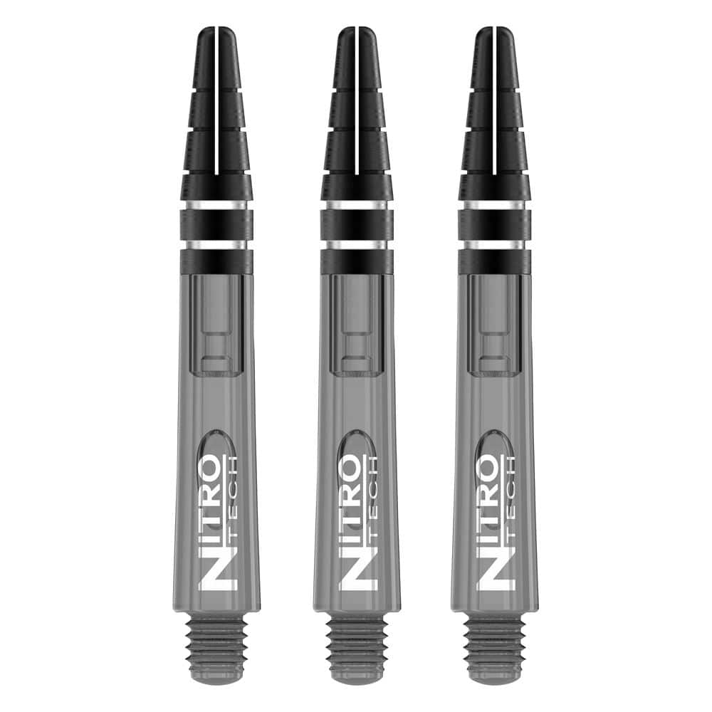 C442_Nitrotech_Short_Black_Tint_V Das Bild zeigt drei schwarze RedDragon Nitrotech Shafts nebeneinander. Die Shafts haben ein durchsichtiges Design mit dem Aufdruck "NITRO TECH".