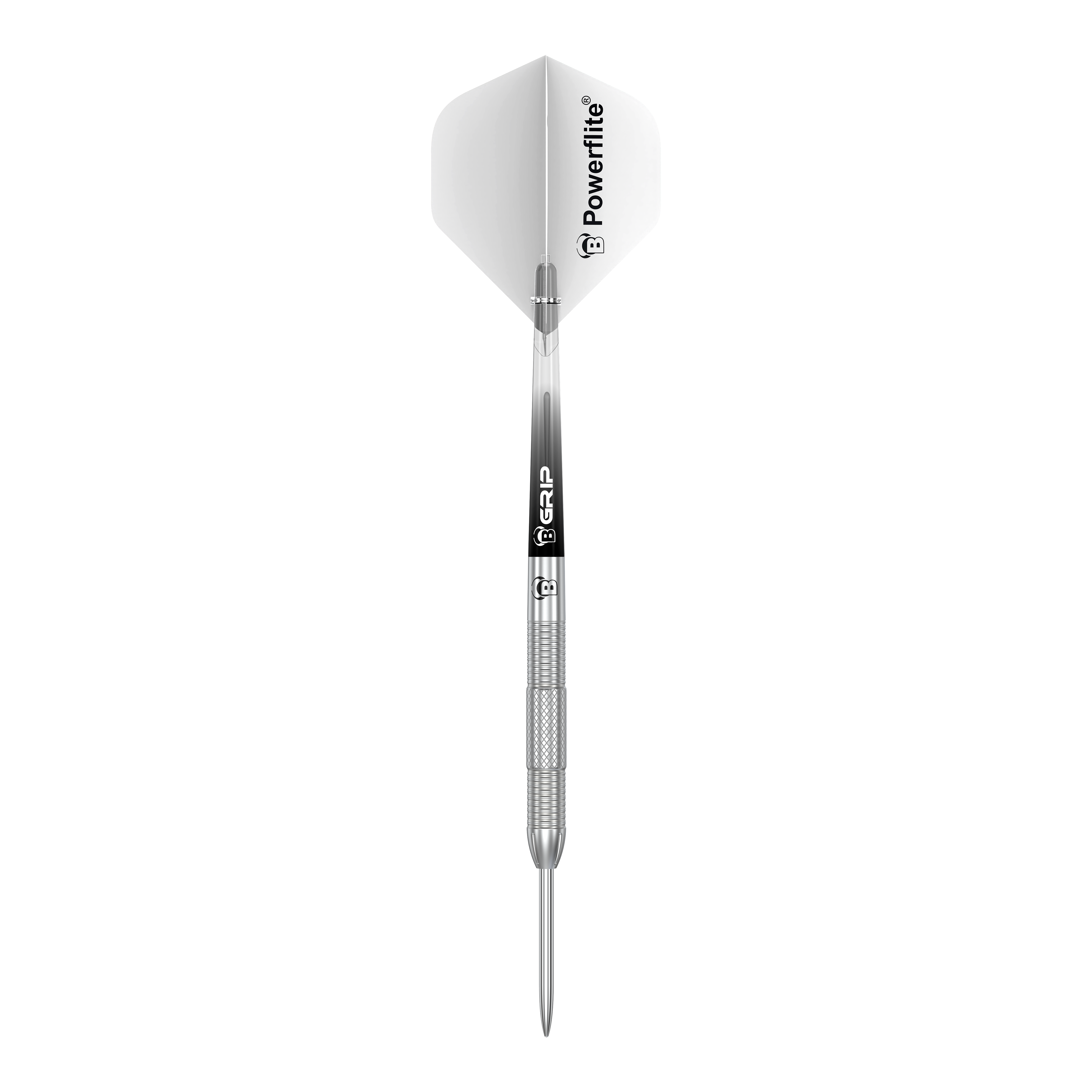 Auf dem Bild ist ein Bulls Challenger Sascha Stuhlemmer Steeldart mit 23g zu sehen. Der Dartpfeil ist silberfarben und hat weiße Flights mit der Aufschrift "Powerflite".