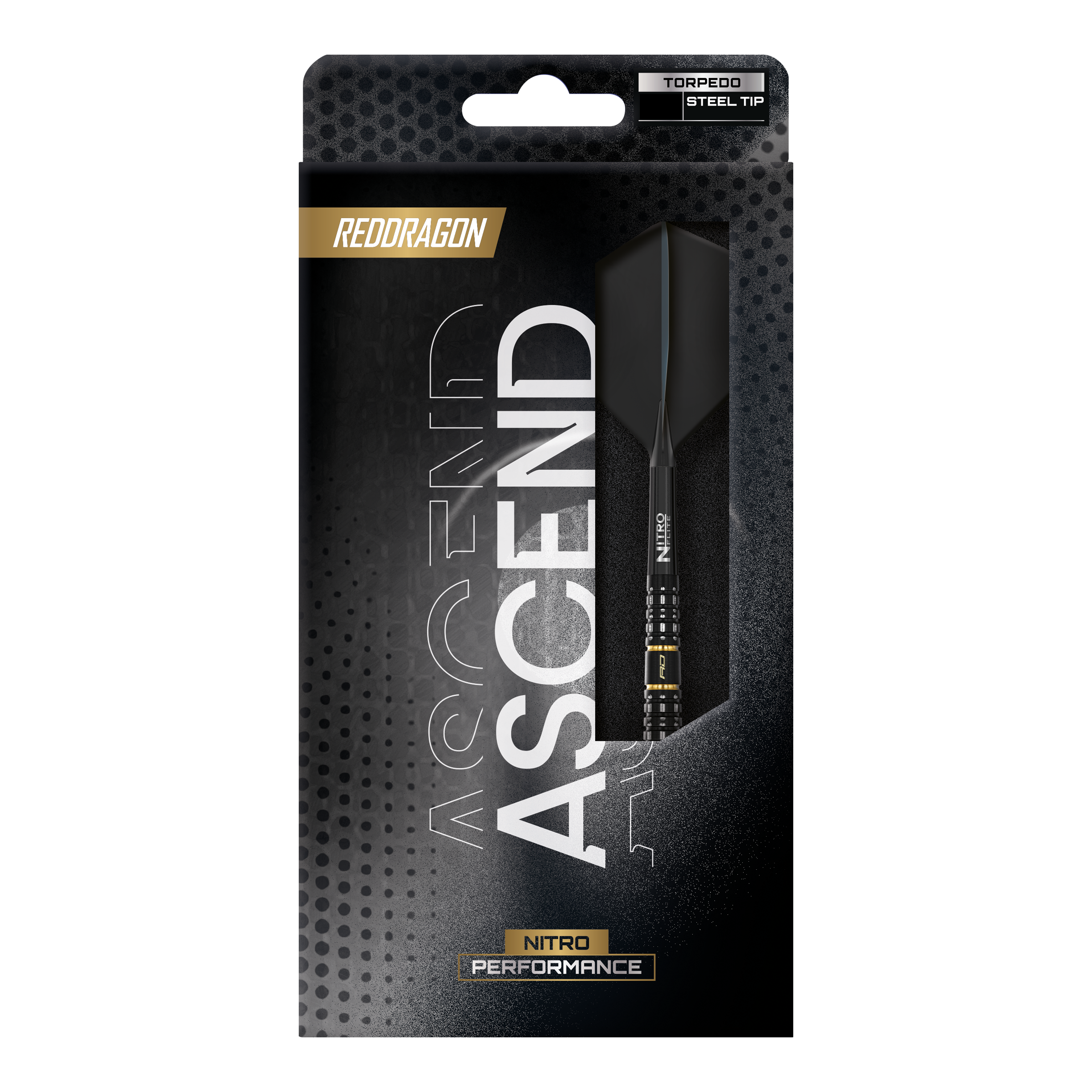 Dargestellt sind die Red Dragon Ascend Torpedo Steeldarts. Das Bild fokussiert auf die Form und Struktur der Darts.