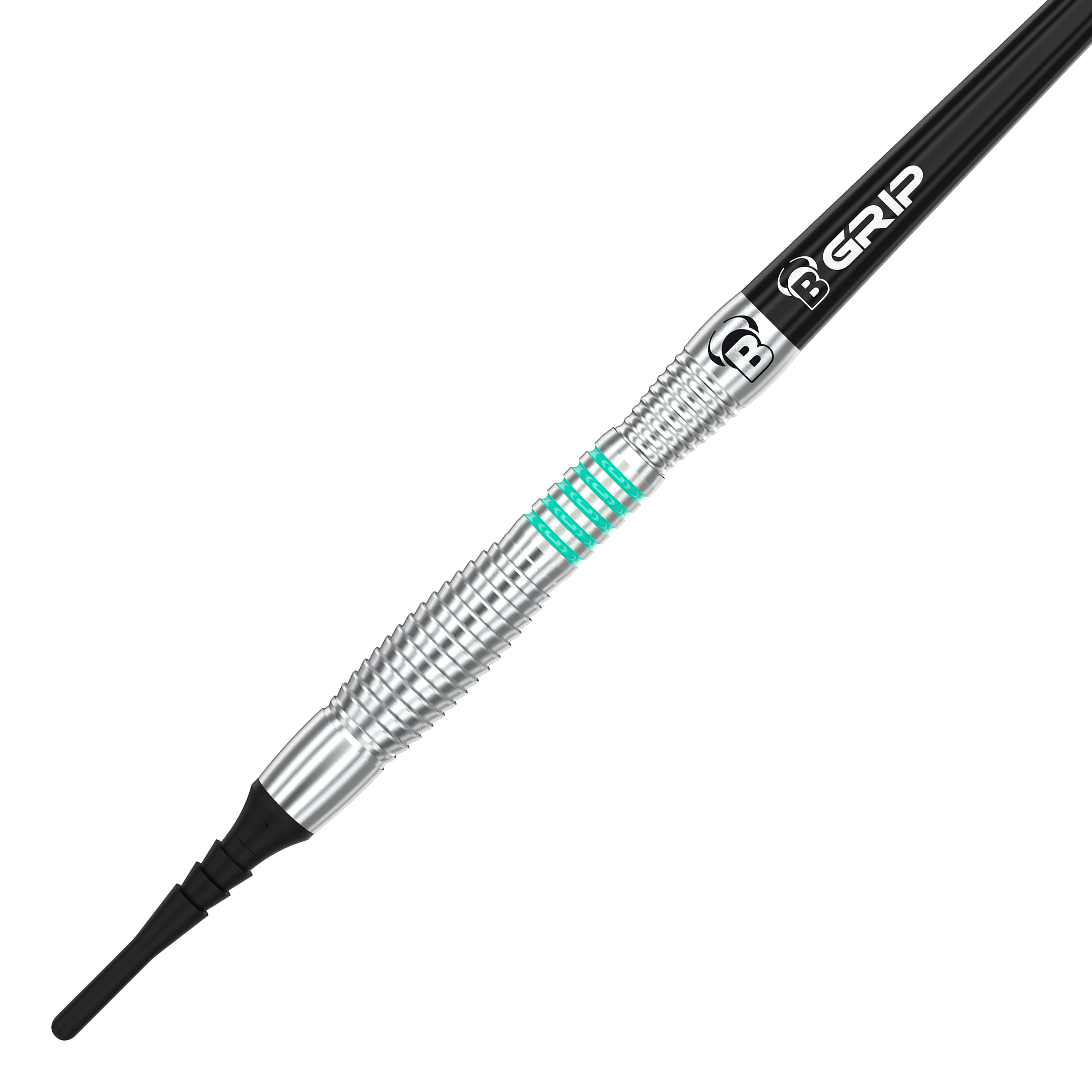 Das Bild zeigt den Bulls Veco V3 Softdart mit einem silbernen, geriffelten Barrel und grünen Akzenten. Der Schaft ist schwarz und trägt die Aufschrift "B GRIP".