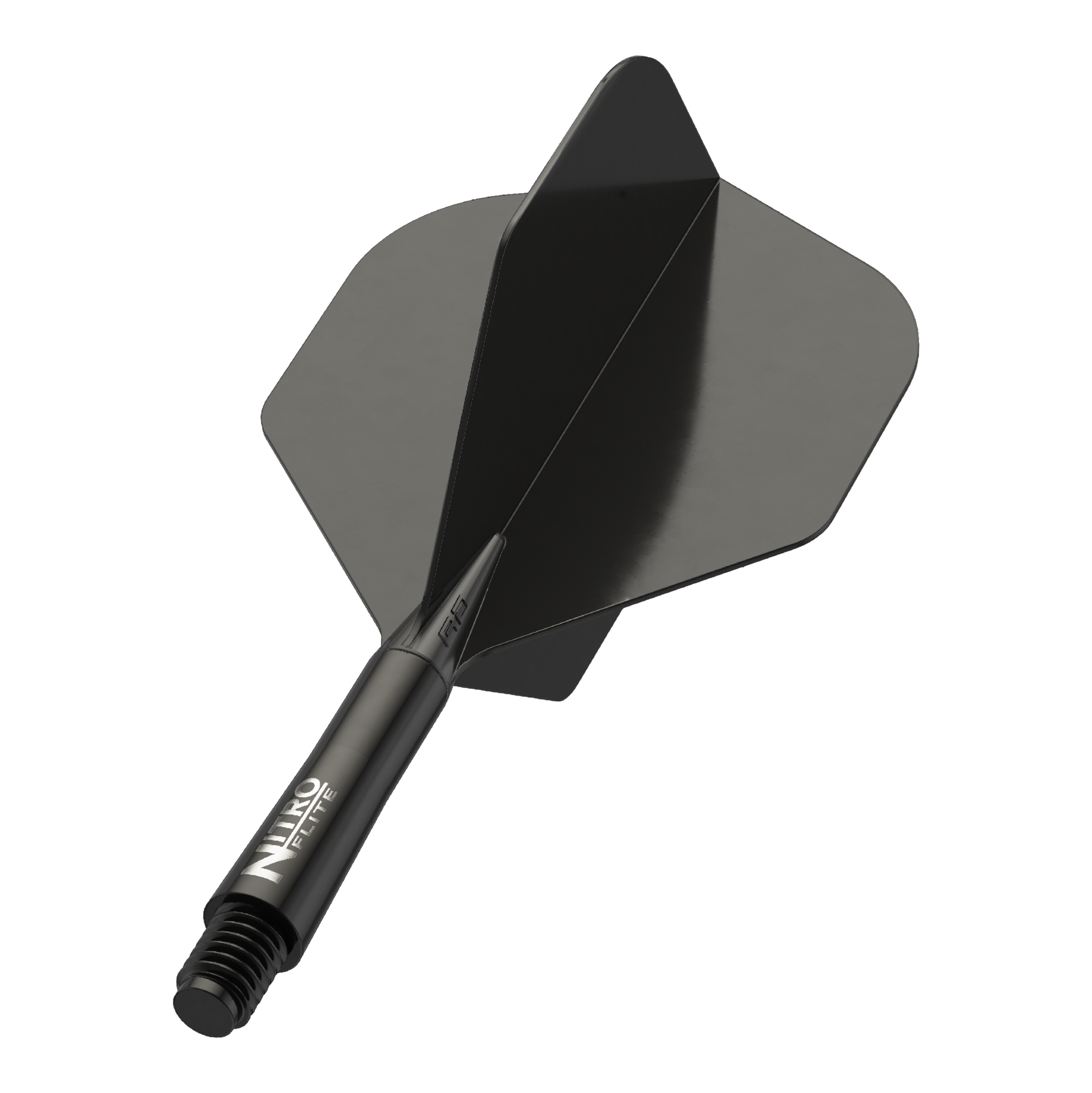 Red Dragon Nitroplte - Black Shaft Black No2 Flights Auf dem Bild ist ein schwarzer Dart-Schaft mit schwarzen Flights zu sehen. Auf dem Schaft steht der Schriftzug "NITRO FLITE".
