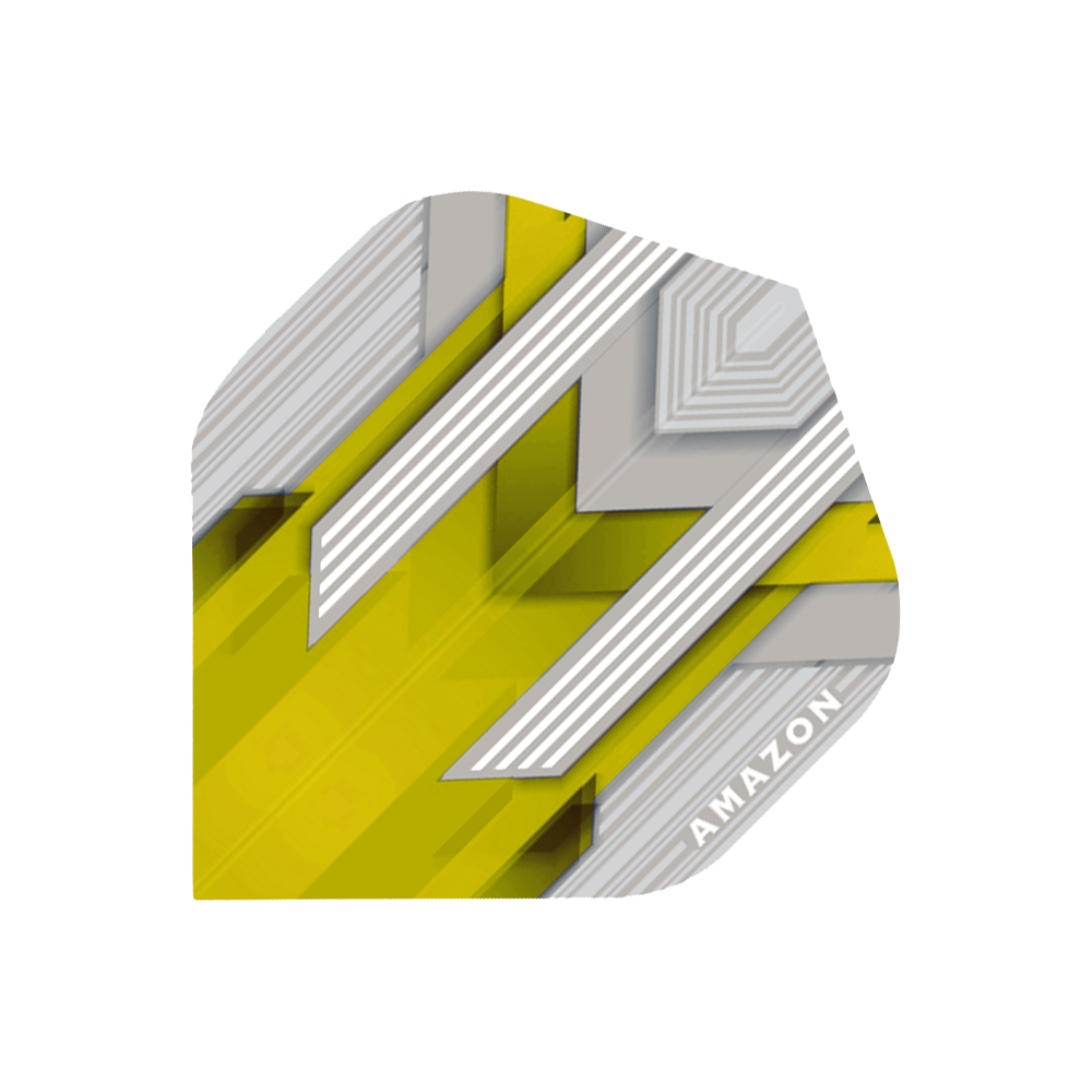 A34-Amazon-Flights-No2-Yellow Das Bild zeigt einen Dart-Flügel mit gelbem und silbernem Muster. In einer Ecke steht das Wort "AMAZON" geschrieben.