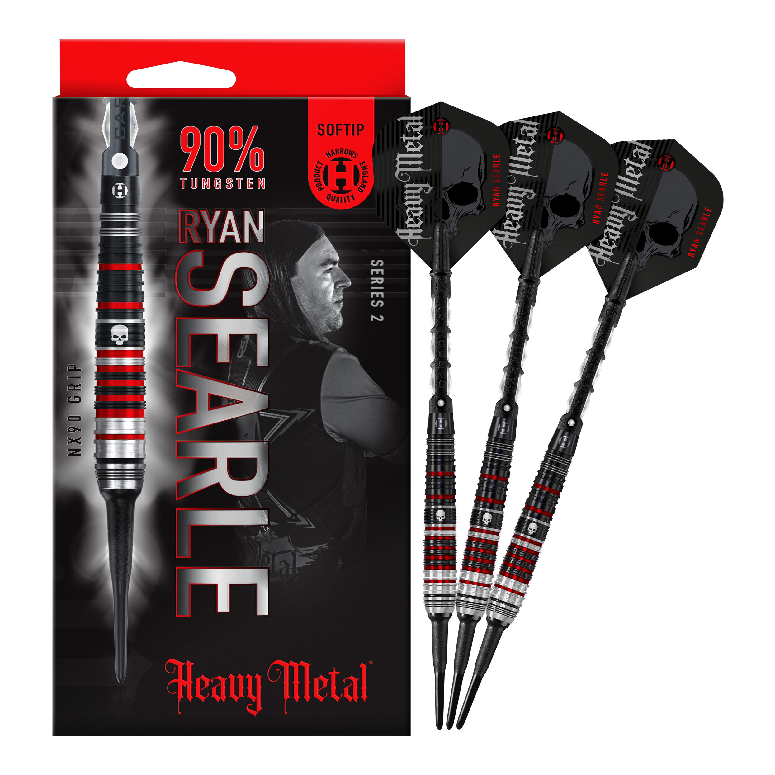 Das Bild zeigt die "Harrows Ryan Searle Heavy Metal Series 2 Softdarts" mit einer Verpackung und drei Darts. Die Darts bestehen zu 90 % aus Wolfram und haben ein schwarzes und rotes Design mit Totenkopf-Motiv.