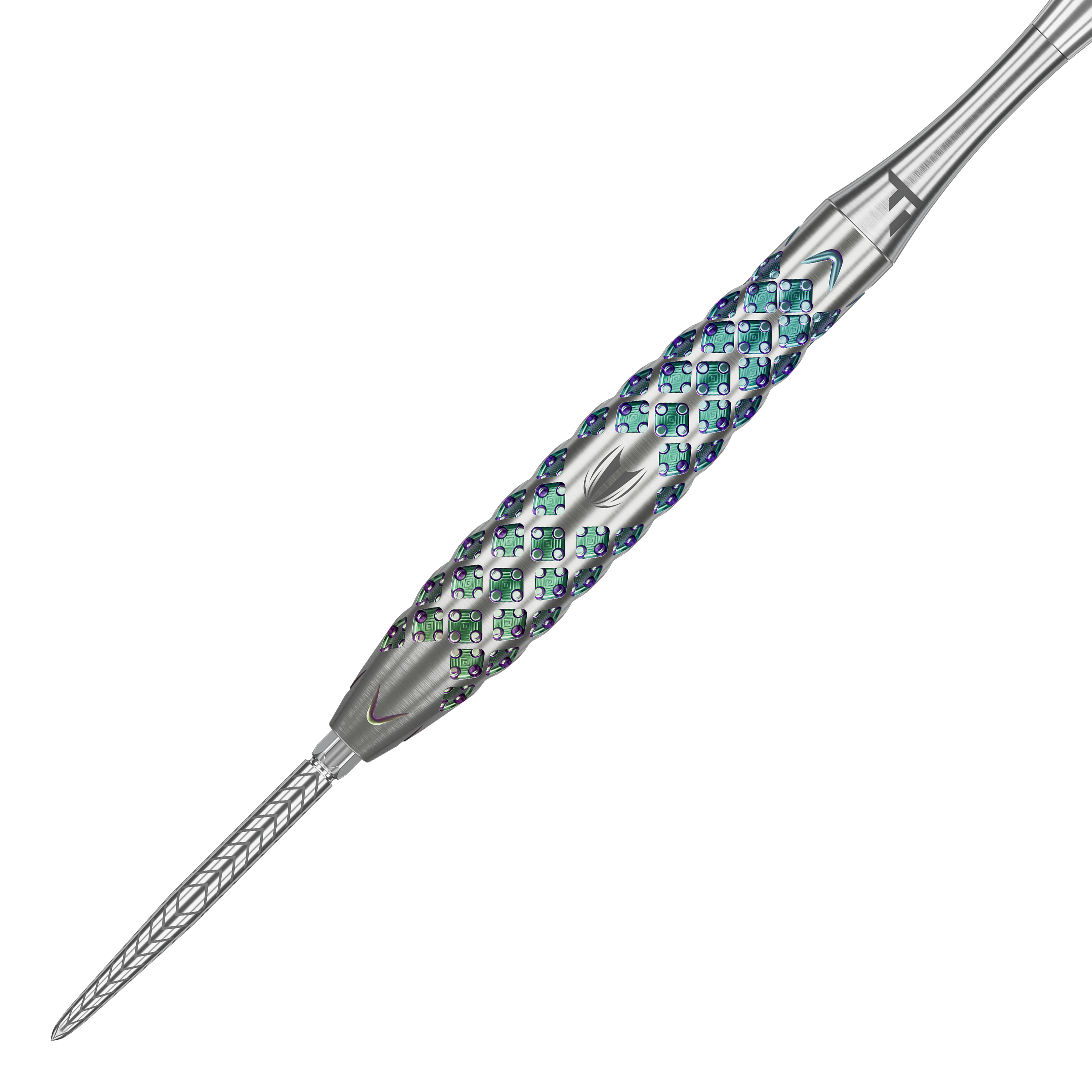Ocelové šipky Target Rove 02 Swiss Point Das Bild zeigt einen Target Rove 02 Swiss Point Steeldart. Der Dartpfeil hat ein silbernes Gehäuse mit auffälligem, farbigem Muster und präziser Gravur.