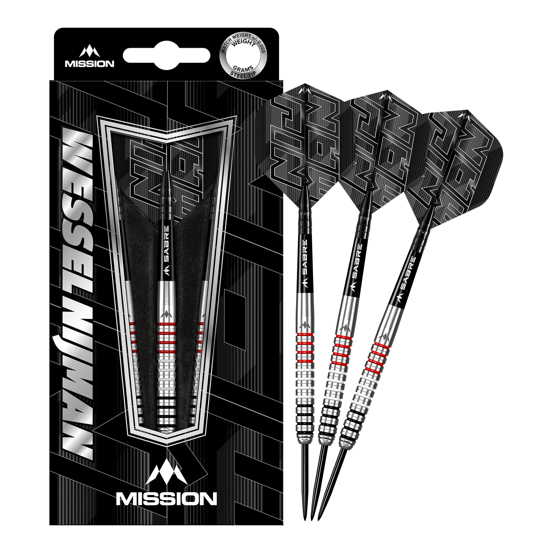 Mission Wessel Nijman ocelové šipky - 23g Das Bild zeigt das Produkt "Mission Wessel Nijman Steeldarts - 23g" in seiner Verpackung. Rechts neben der Verpackung sind drei Steeldarts mit schwarzem Flight und silbernen Schäften abgebildet.