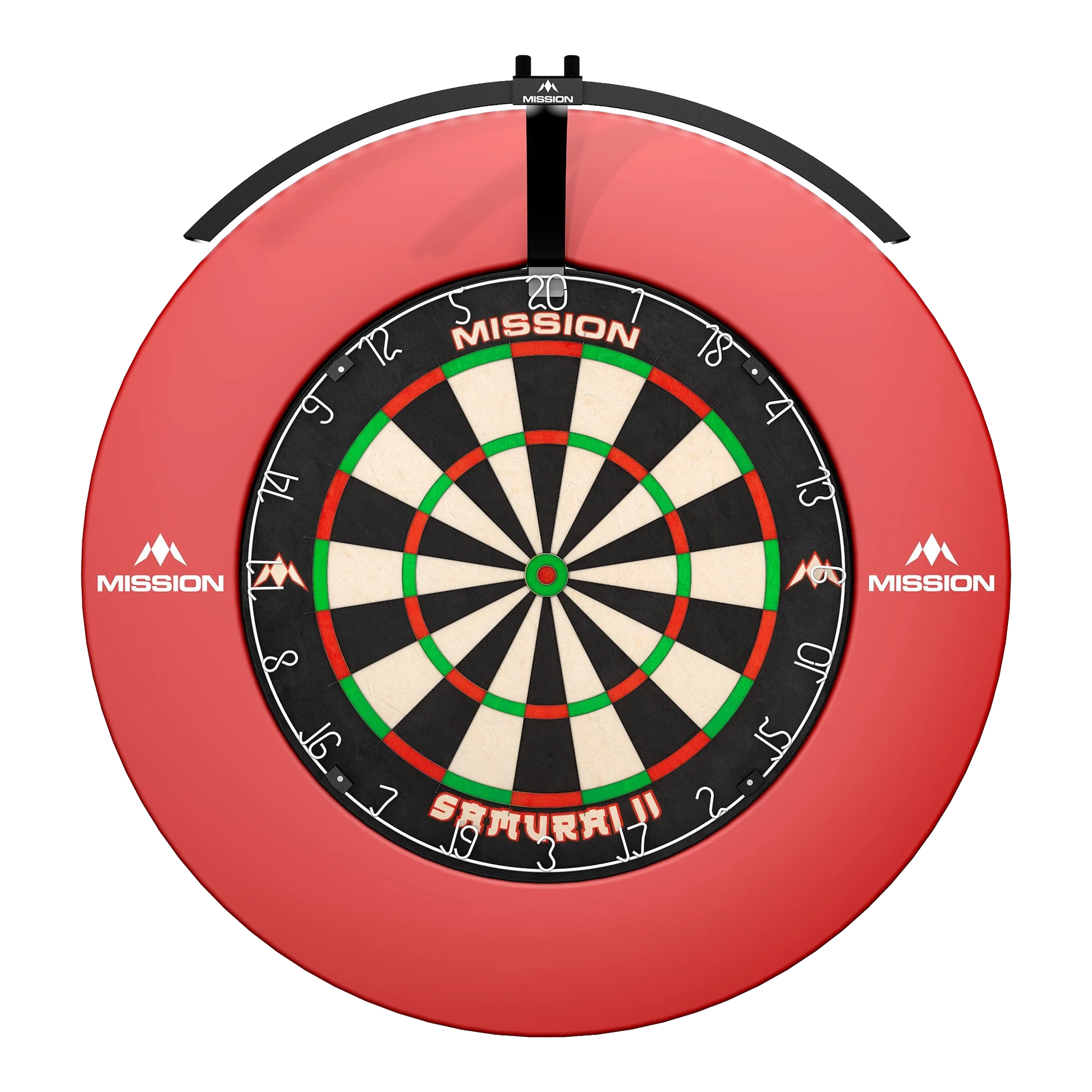 Skládací LED osvětlení terče Mission Torus 100 Das Bild zeigt ein rundes, beleuchtetes LED-Dartboard mit der Aufschrift "Mission Torus 100" und "Samurai II" in der Mitte. Das Dartboard ist von einem roten Schutzring mit dem Mission-Logo umgeben.