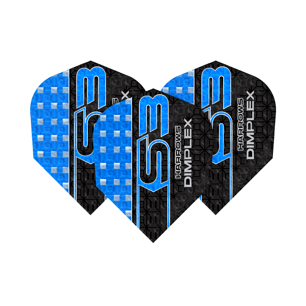 Letky Harrows Dimplex S3 - modré Das Bild zeigt drei blaue Harrows Dimplex S3 Flights für Darts. Die Flights haben ein auffälliges Design mit blauen und schwarzen Mustern sowie der Aufschrift "S3" und "Dimplex".