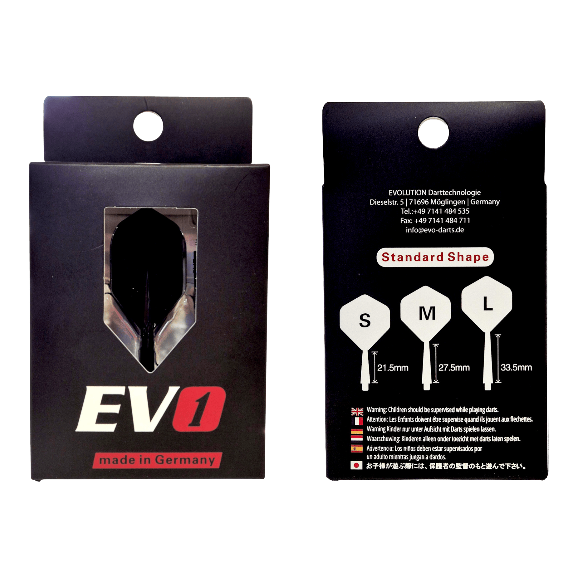 Systém letové hřídele EVO1 - černý Evolution EVO1 Flight-Shaft-System in Schwarz ist dargestellt. Das Produkt ist für den Einsatz im Dartsport geeignet.