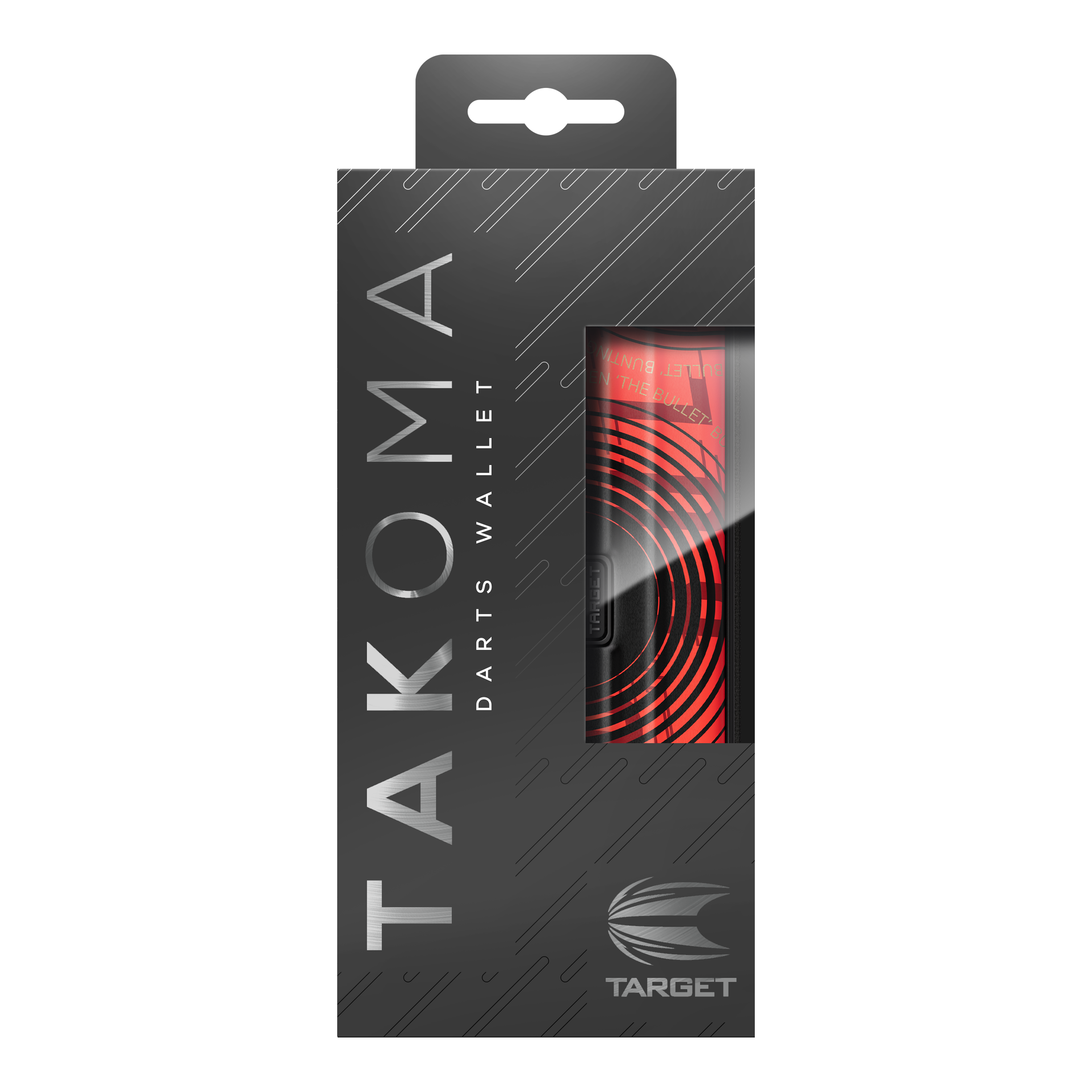 Pouzdro na šipky Target Takoma Stephen Bunting Die Abbildung zeigt die Verpackung des Produktes „Target Takoma Stephen Bunting Dartcase“. Das Etui ist rot-schwarz gestaltet und befindet sich in einer eleganten, schwarzen Box mit Sichtfenster.