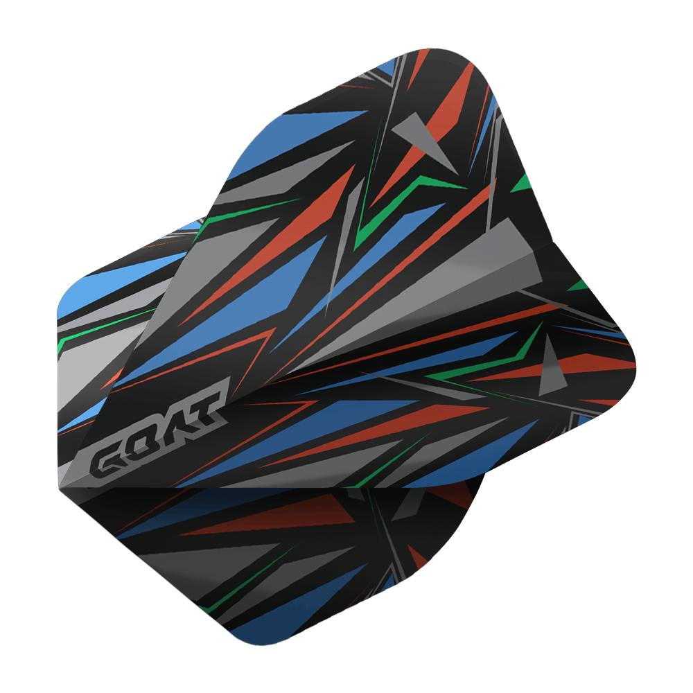 Standardní letky GOAT Athlete Black No2 Das Bild zeigt das Produkt "GOAT Athlete Black No2 Standard Flights". Das Flight hat ein auffälliges, geometrisches Muster in Schwarz, Blau, Rot, Grün und Grau.