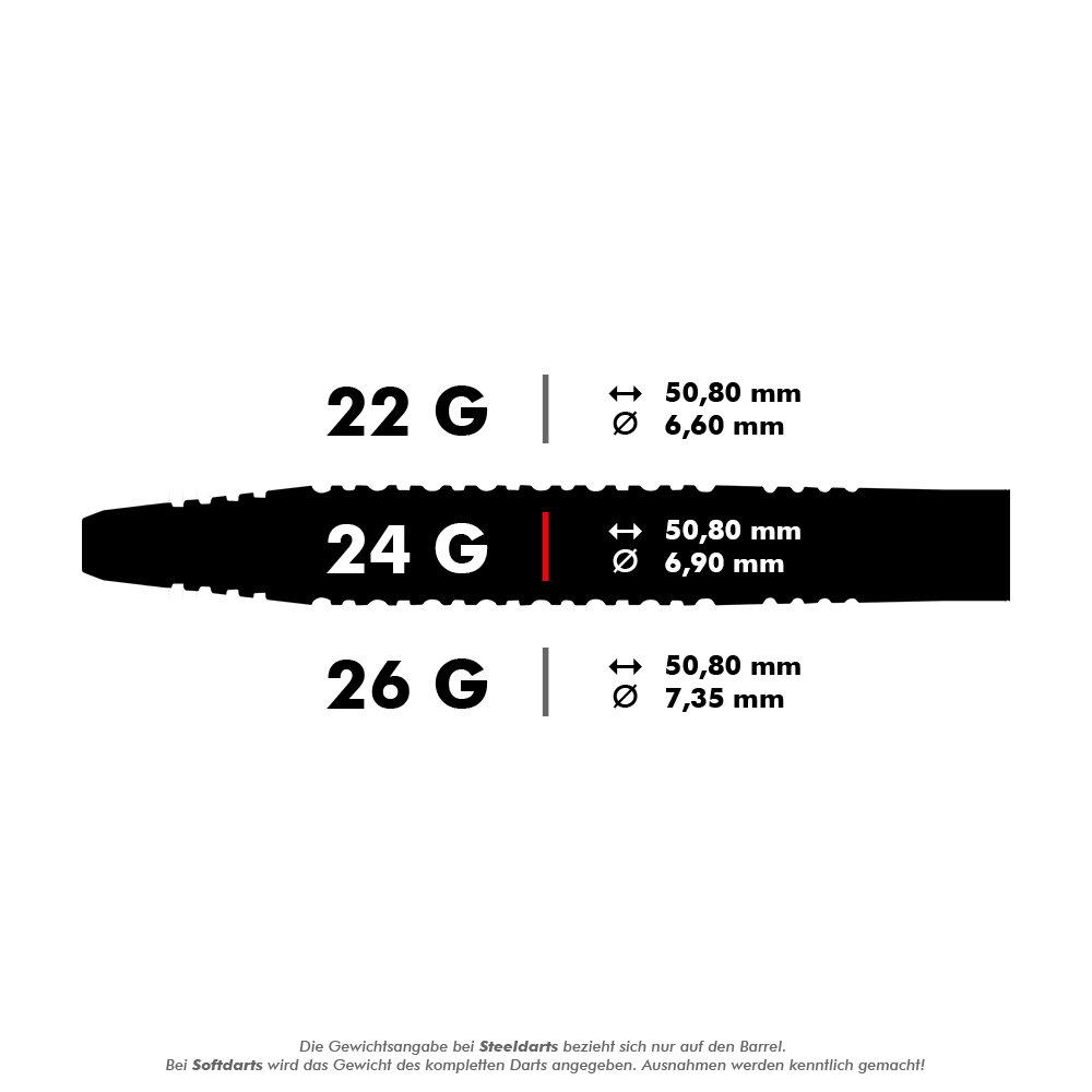 Das Bild zeigt drei verschiedene Gewichte von Steeldarts: 22g, 24g und 26g, jeweils mit ihren Längen und Durchmessern. Die Maße sind für alle Längen gleich (50,80 mm), während sich die Durchmesser je nach Gewicht unterscheiden.