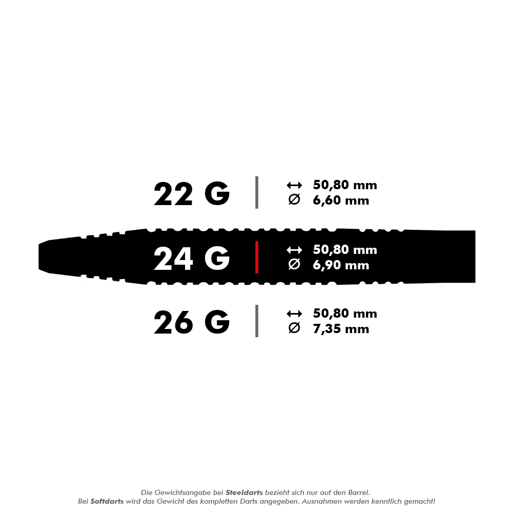 Šipky Red Dragon Jonny Clayton Original 2 ocelové Das Bild zeigt drei verschiedene Gewichte von Steeldarts: 22g, 24g und 26g, jeweils mit ihren Längen und Durchmessern. Die Maße sind für alle Längen gleich (50,80 mm), während sich die Durchmesser je nach Gewicht unterscheiden.