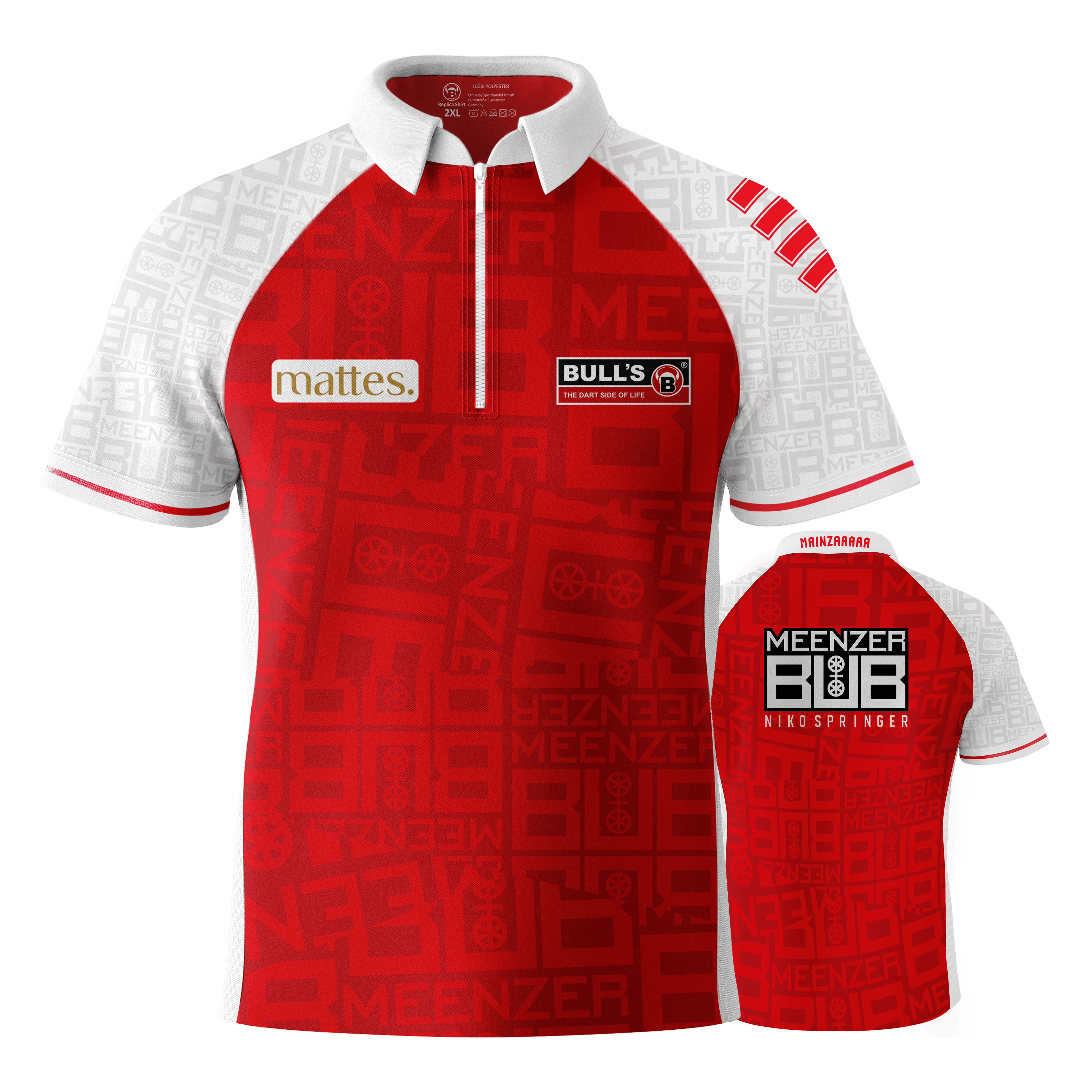 Das Bild zeigt das Dartshirt "Bulls Niko Springer Meenzer Bub" in Rot und Weiß. Auf der Vorder- und Rückseite sind verschiedene Logos und Schriftzüge abgebildet.