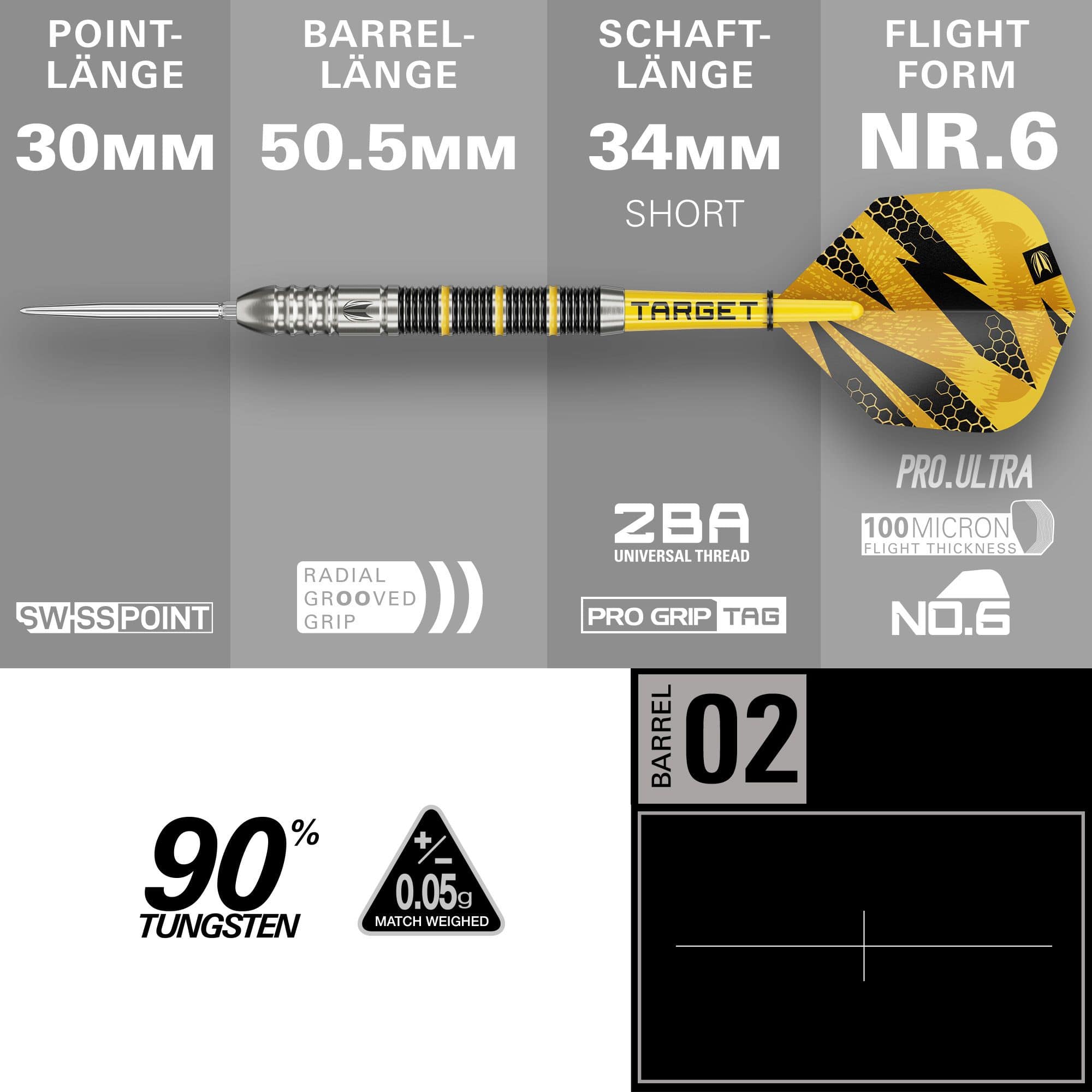 Ocelové šipky Target Buzz 02 Swiss Points Hier sieht man die Target Buzz 02 Swiss Points Steeldarts. Die Darts sind deutlich und im Detail abgebildet.