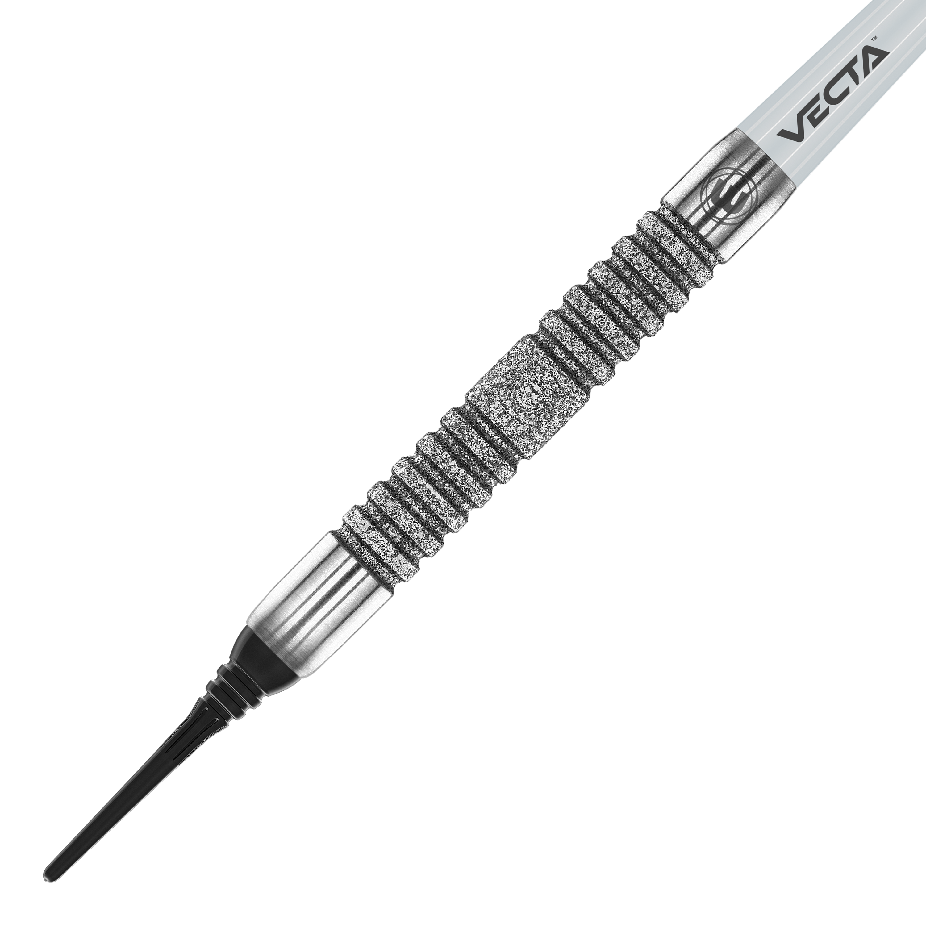 Winmau Jules Van Dongen měkké šipky - 20g Das Bild zeigt den Winmau Jules Van Dongen Softdart mit einem Gewicht von 20g. Der Dart hat ein silbernes, geriffeltes Griffstück und eine schwarze Spitze.