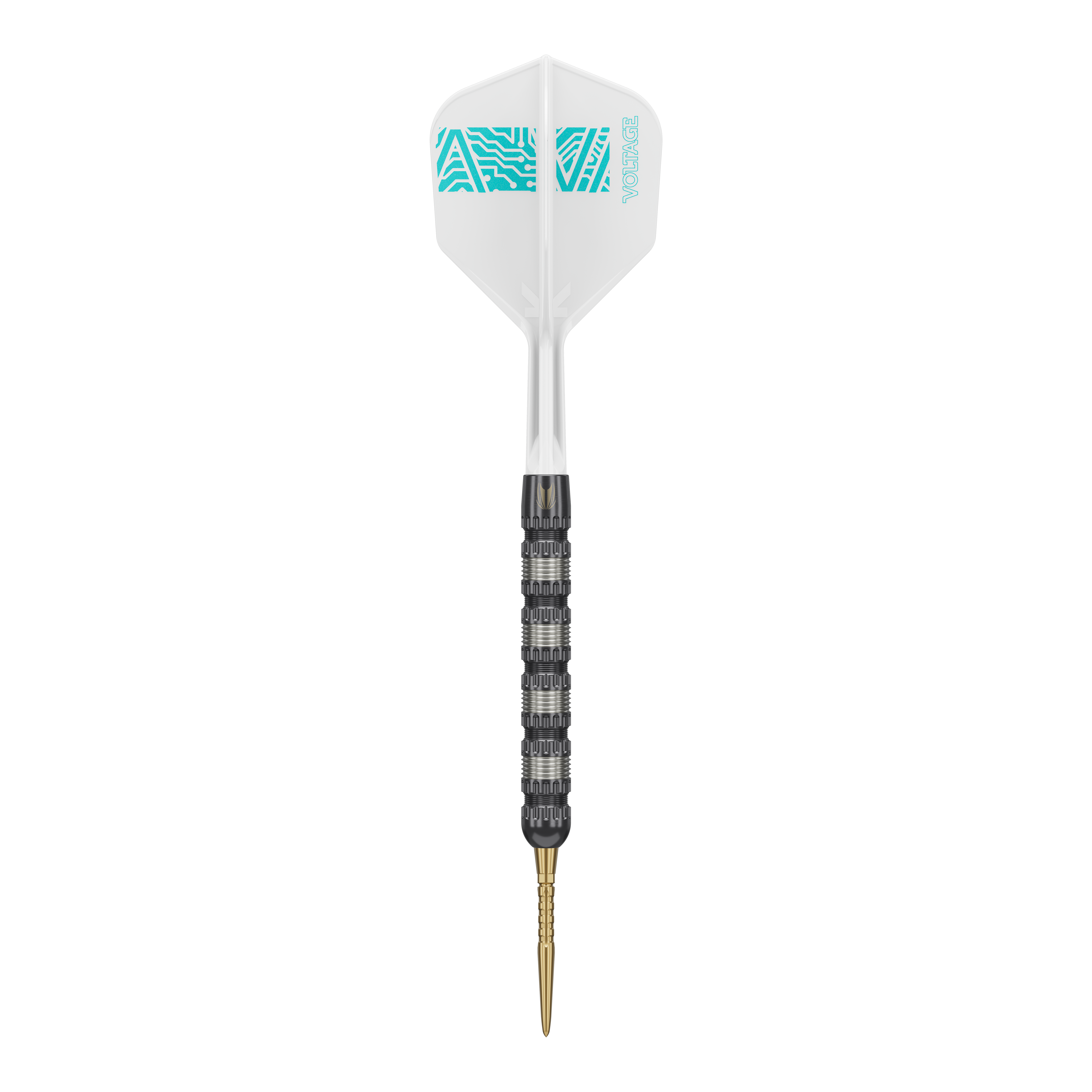 Šipky Target Rob Cross 95K Swiss Point Steel Das Bild zeigt einen Target Rob Cross 95K Swiss Point Steeldart. Der Dart hat eine weiße Flügel mit blauen Mustern und einen schwarzen, strukturierten Schaft mit einer goldenen Spitze.