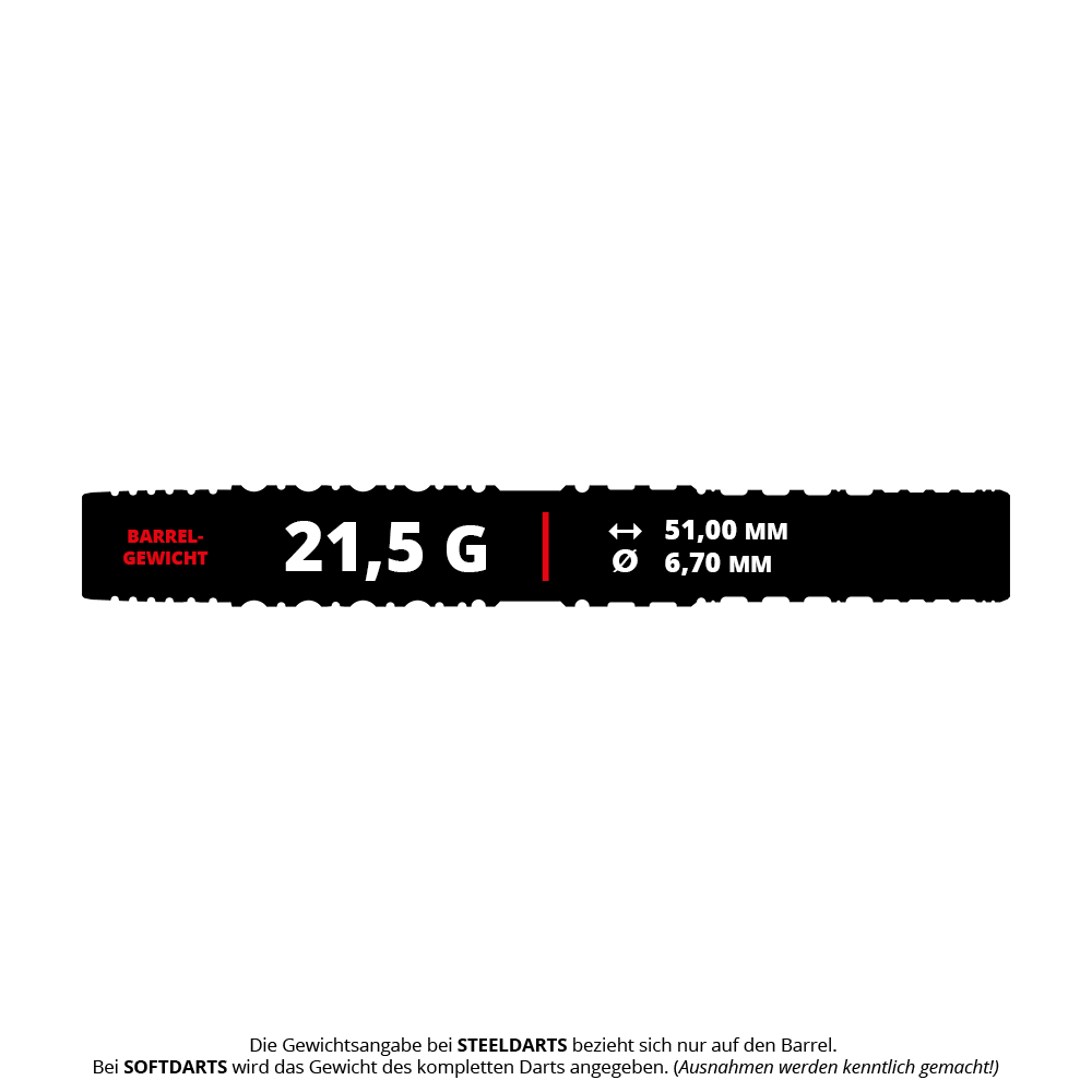 Měkké šipky Target Japan Prime Series Sirius GEN4 - 21,5 g Das Bild zeigt die Spezifikationen des Produkts "Target Japan Prime Series Sirius GEN4 Softdarts - 21,5g". Es wiegt 21,5 Gramm, ist 51,00 mm lang und hat einen Durchmesser von 6,70 mm.