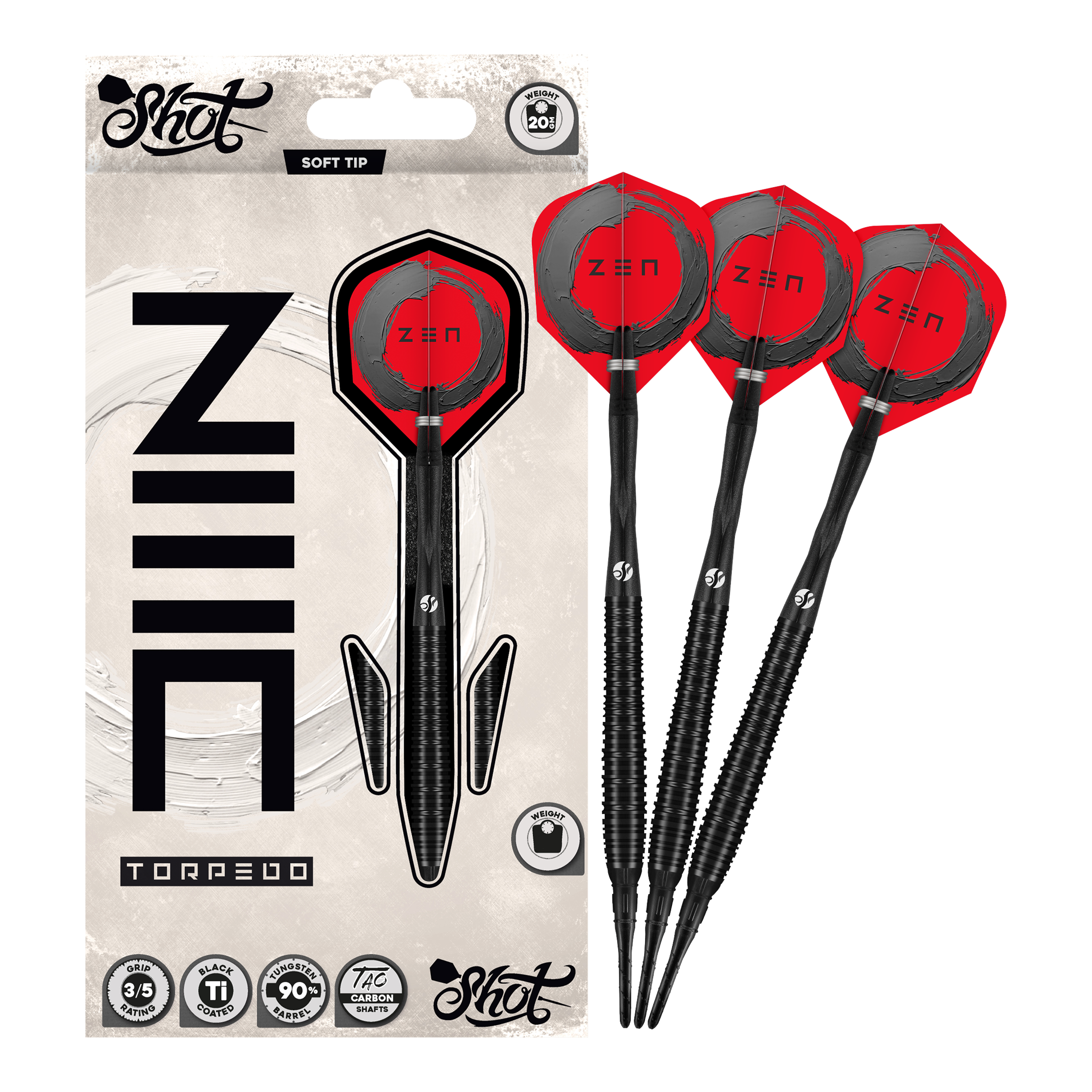 Šipky Shot ZEN Torpedo Soft - 20g Abgebildet sind die Shot ZEN Torpedo Softdarts - 20g in voller Länge. Der Dart ist für Präzision Wurftechnik bekannt.